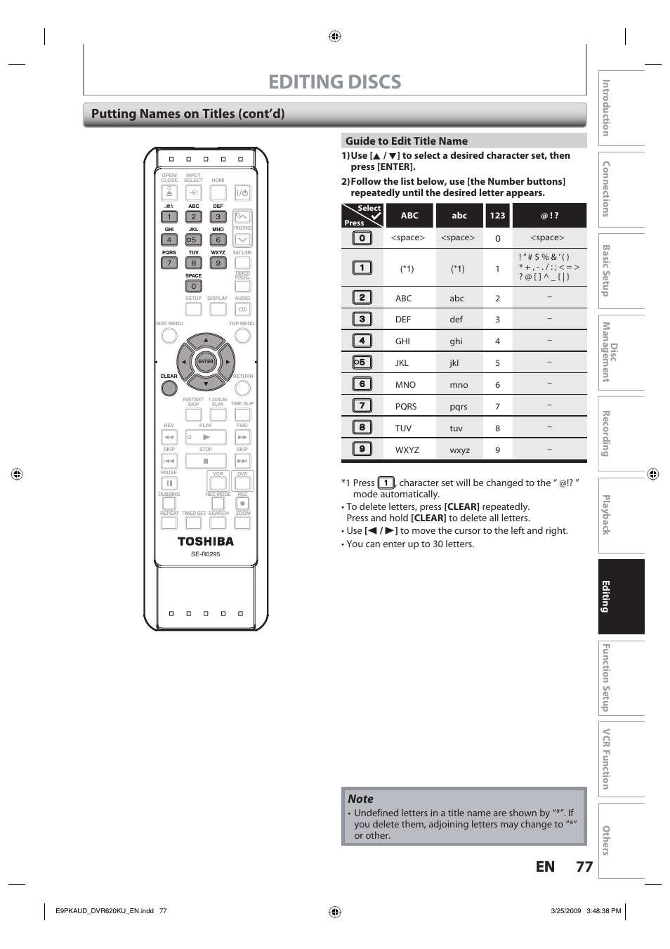 Editing discs, 77 en 77 en, Putting names on titles (cont’d) | Guide to edit title name | Toshiba DVR620KU User Manual | Page 77 / 113