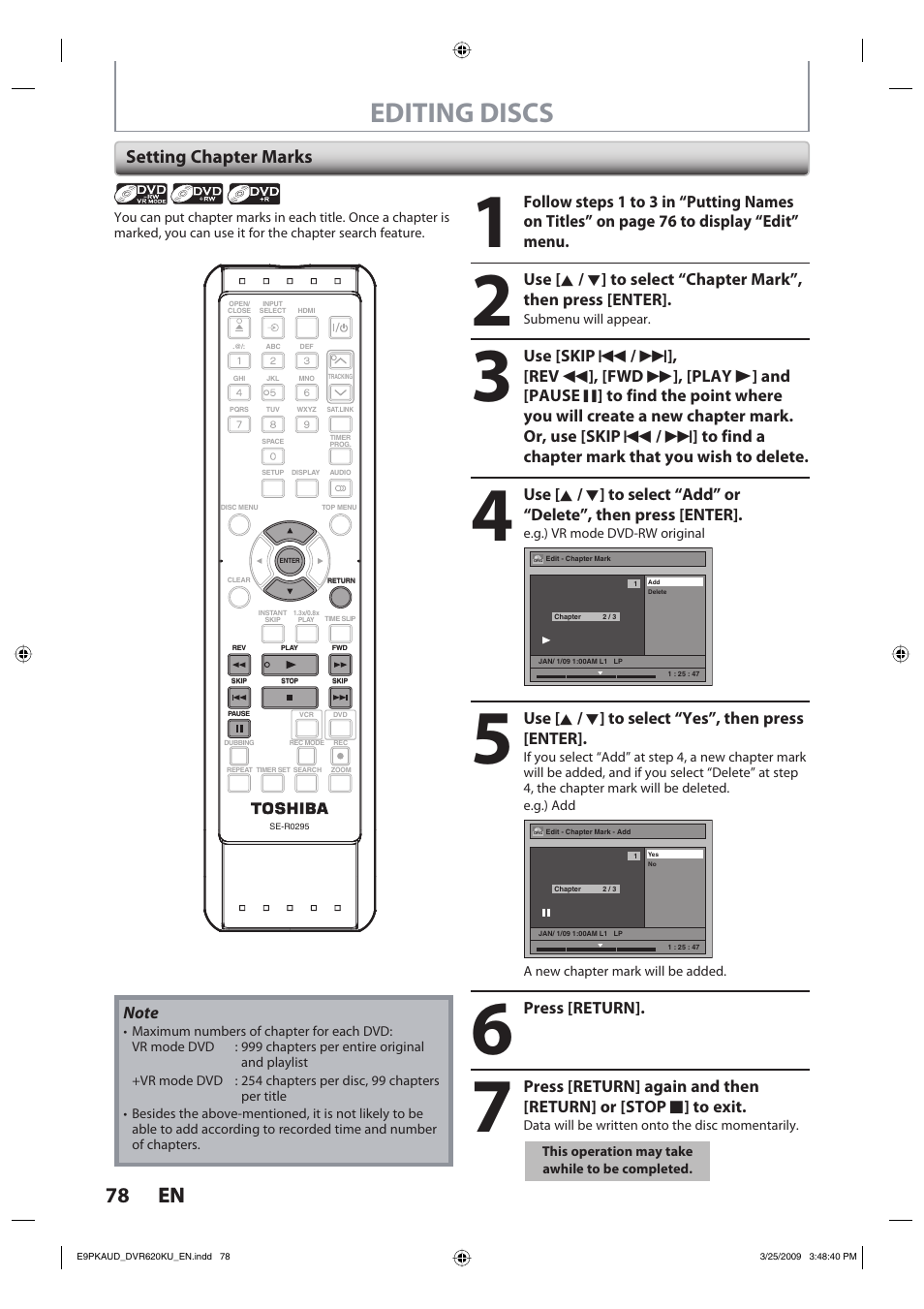 Editing discs, 78 en 78 en, Setting chapter marks | Toshiba DVR620KU User Manual | Page 78 / 113