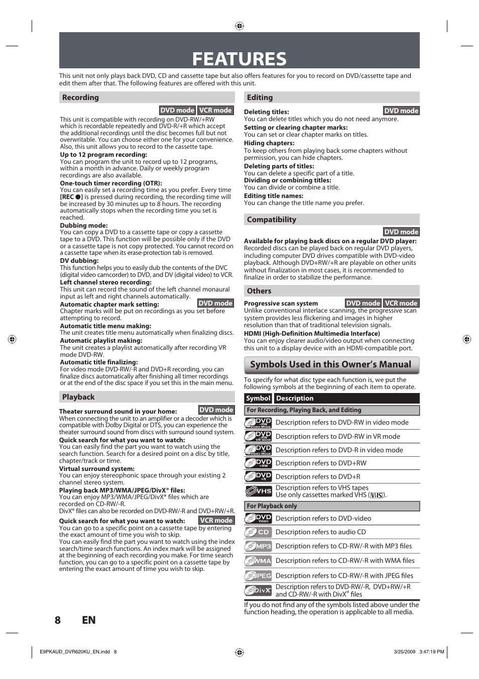 Features, 8en 8 en, Symbols used in this owner’s manual | Toshiba DVR620KU User Manual | Page 8 / 113