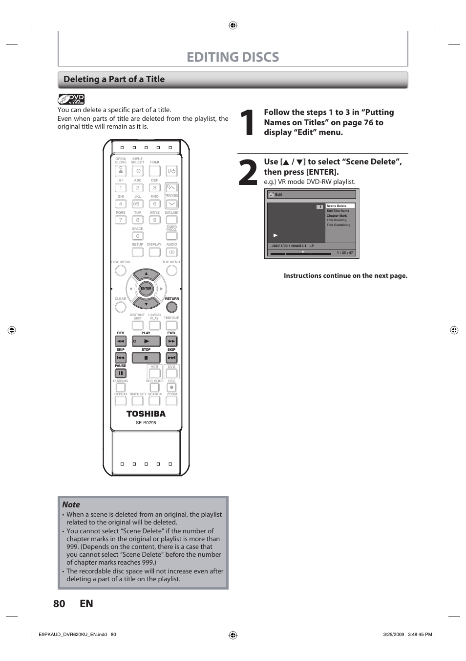 Editing discs, 80 en 80 en, Deleting a part of a title | Toshiba DVR620KU User Manual | Page 80 / 113