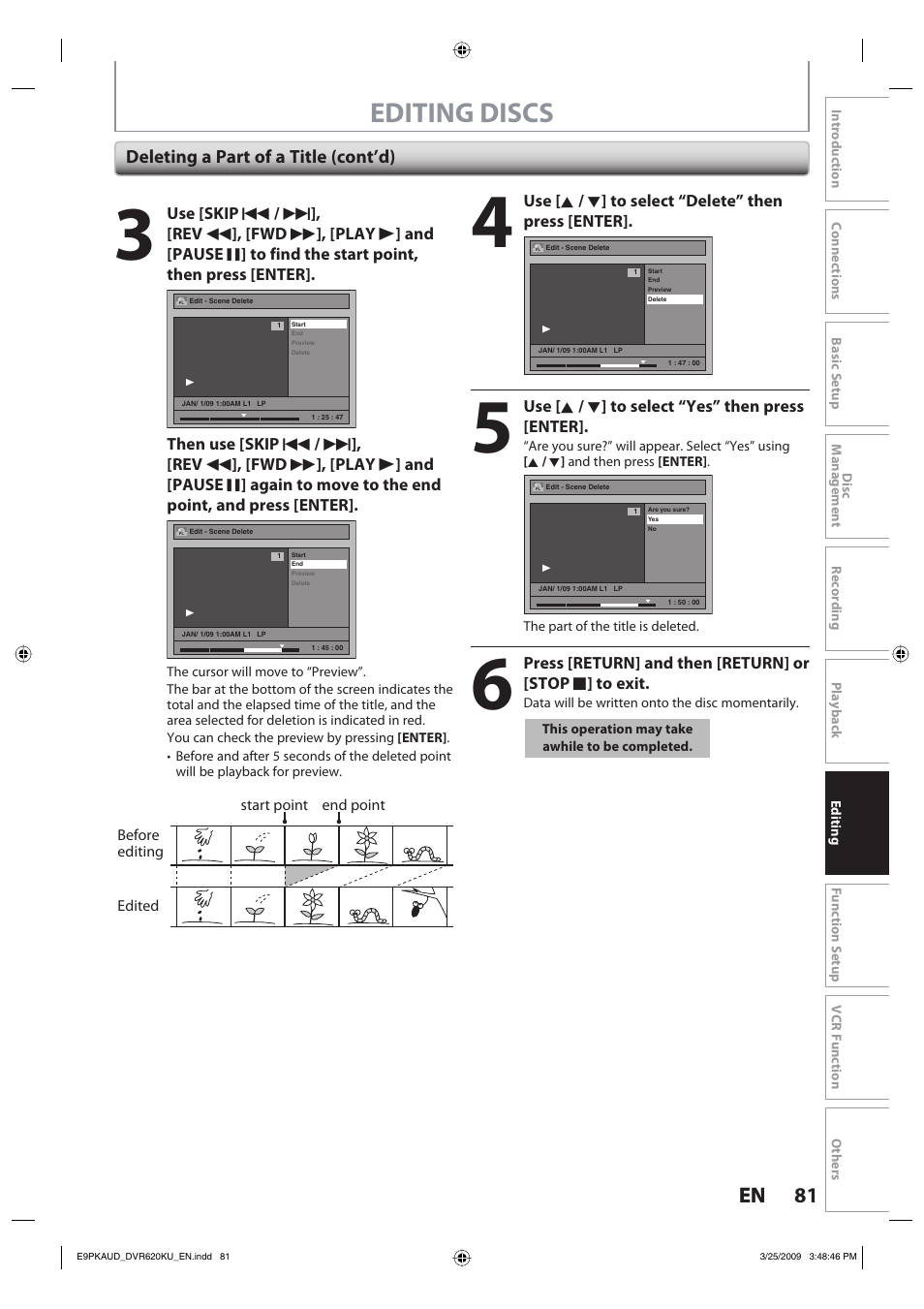 Editing discs, 81 en 81 en, Deleting a part of a title (cont’d) | Toshiba DVR620KU User Manual | Page 81 / 113