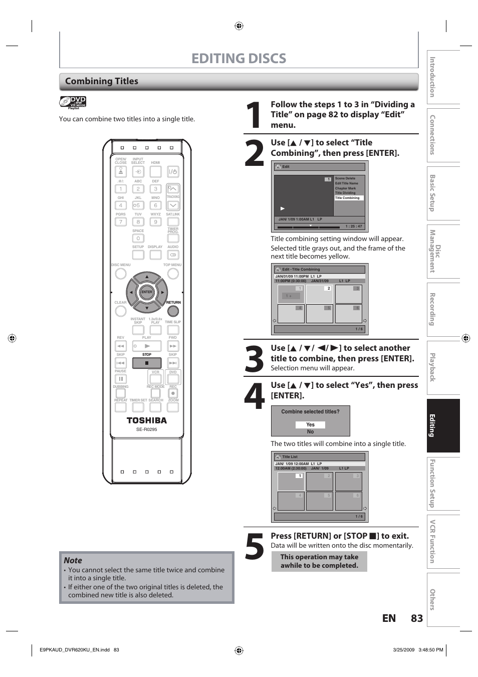 Editing discs, 83 en 83 en, Combining titles | Use [ k / l ] to select “yes”, then press [enter, Press [return] or [stop c ] to exit | Toshiba DVR620KU User Manual | Page 83 / 113