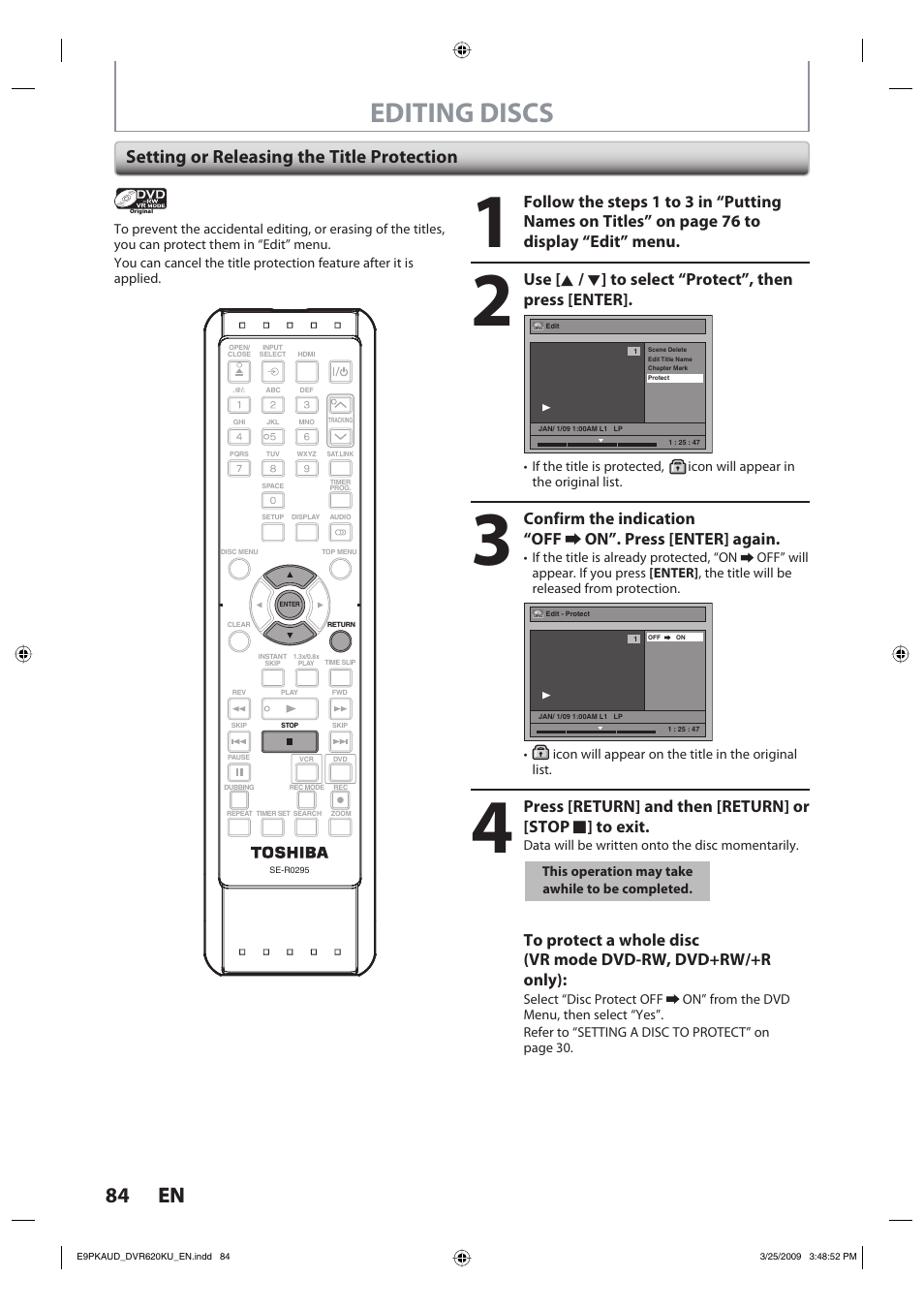 Editing discs, 84 en 84 en, Setting or releasing the title protection | Toshiba DVR620KU User Manual | Page 84 / 113