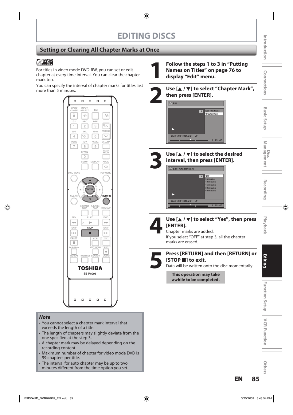 Editing discs, 85 en 85 en, Setting or clearing all chapter marks at once | Use [ k / l ] to select “yes”, then press [enter | Toshiba DVR620KU User Manual | Page 85 / 113