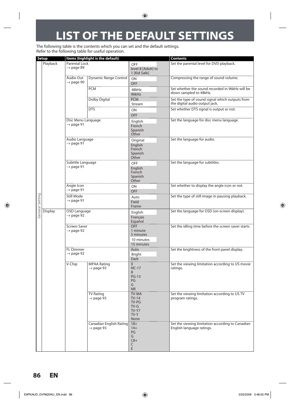 List of the default settings, 86 en 86 en | Toshiba DVR620KU User Manual | Page 86 / 113