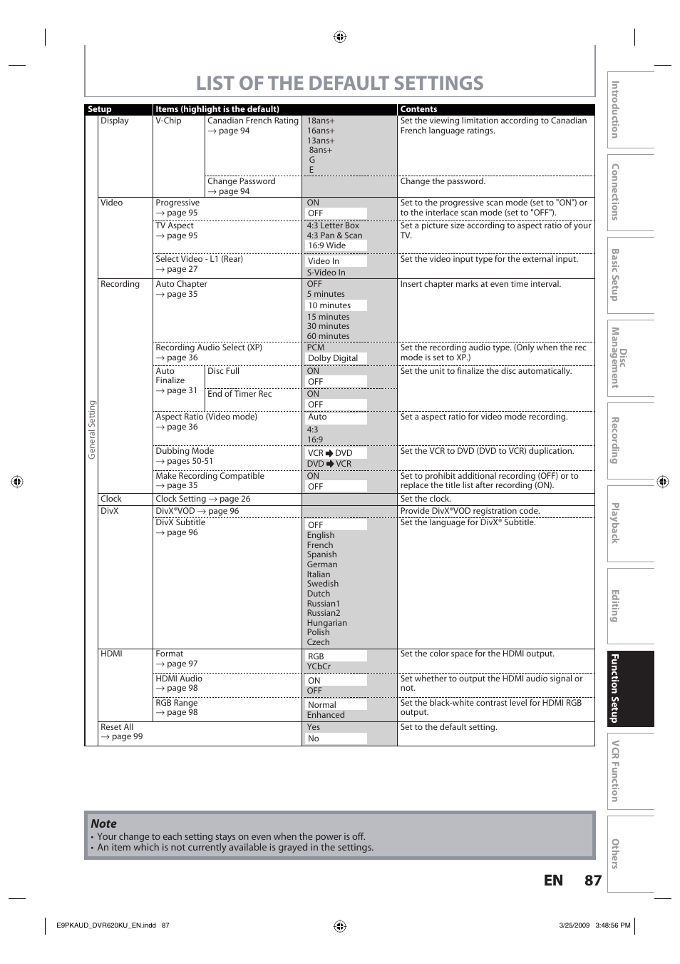 List of the default settings, 87 en 87 en | Toshiba DVR620KU User Manual | Page 87 / 113