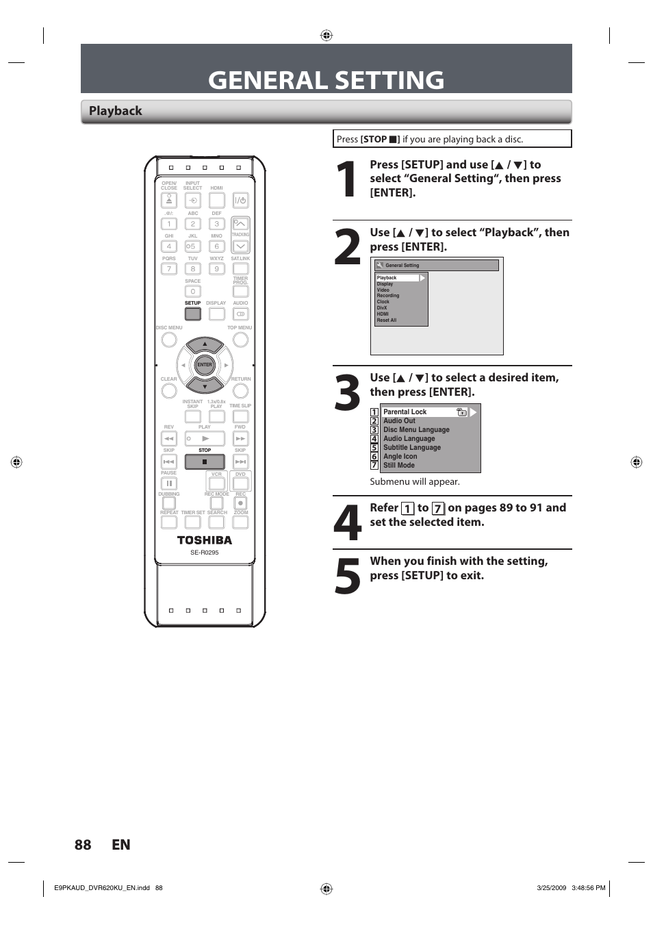 General setting, 88 en 88 en, Playback | Toshiba DVR620KU User Manual | Page 88 / 113