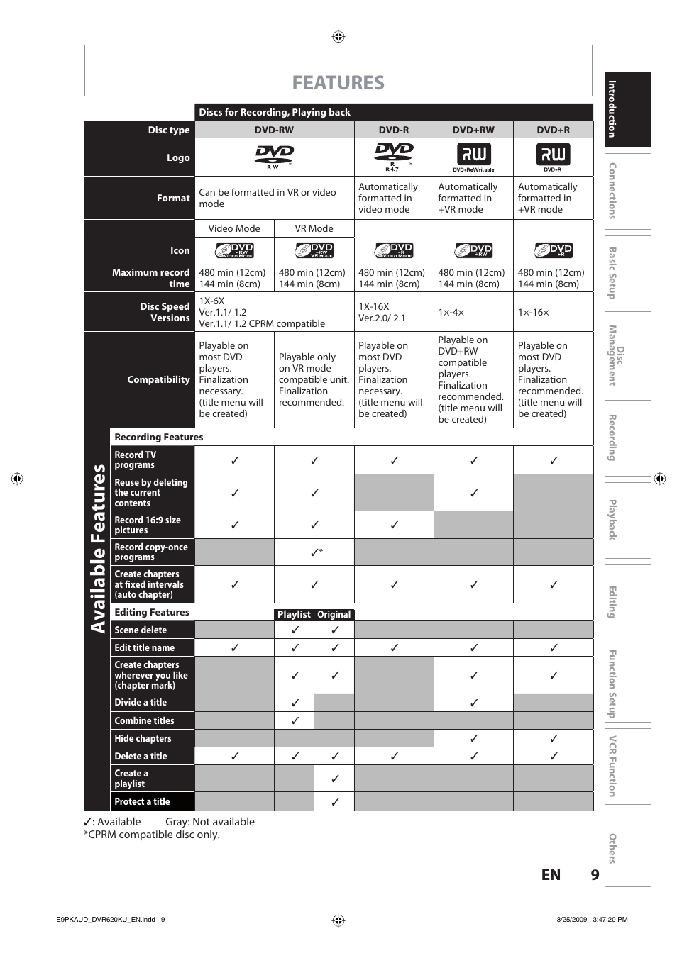 Features, Available features, 9en 9 en | Toshiba DVR620KU User Manual | Page 9 / 113