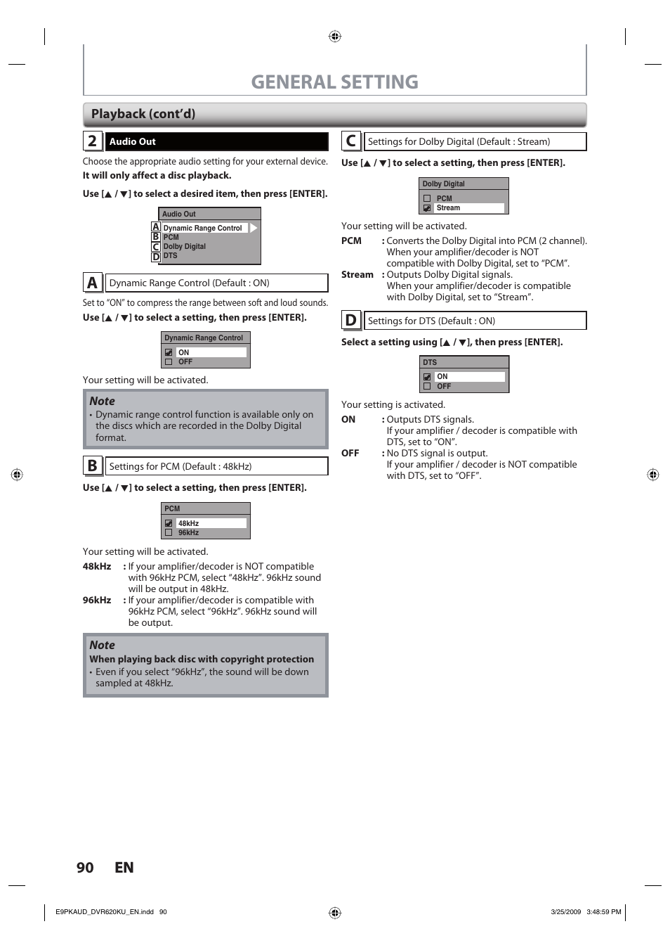 General setting, 90 en 90 en, Playback (cont’d) | Toshiba DVR620KU User Manual | Page 90 / 113