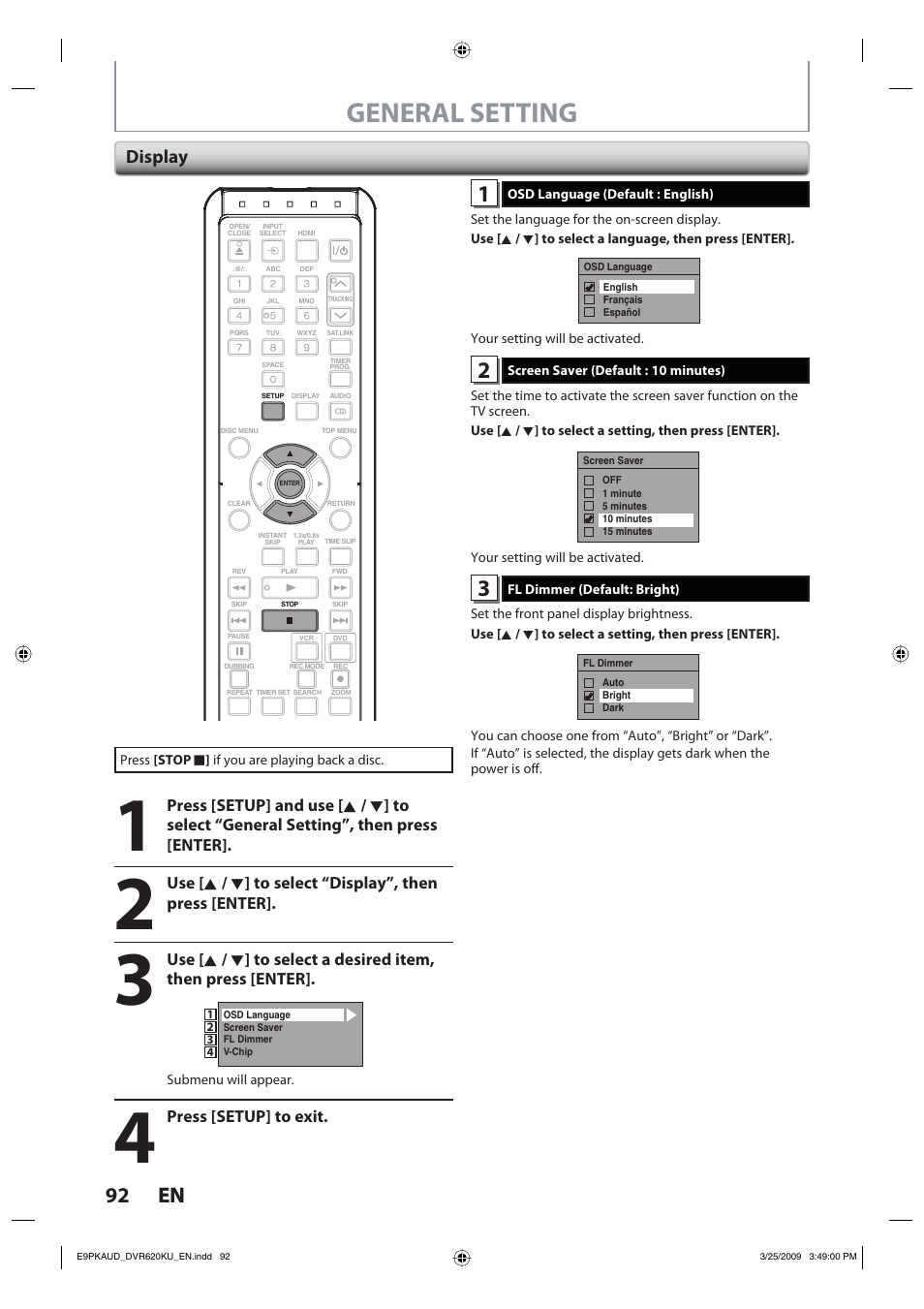 General setting, 92 en 92 en, Display | Press [setup] to exit | Toshiba DVR620KU User Manual | Page 92 / 113