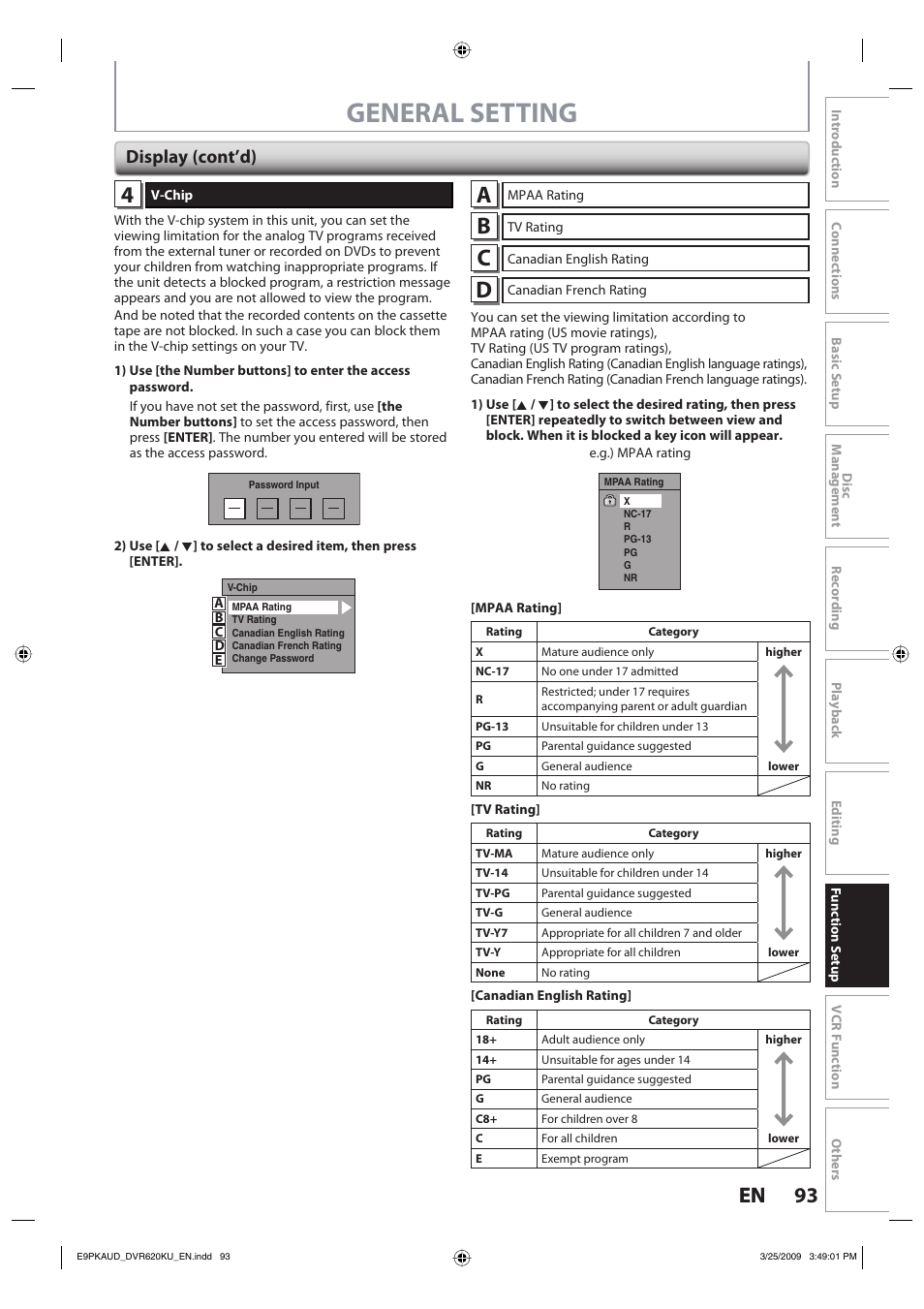 General setting, 93 en 93 en, Display (cont’d) | Toshiba DVR620KU User Manual | Page 93 / 113