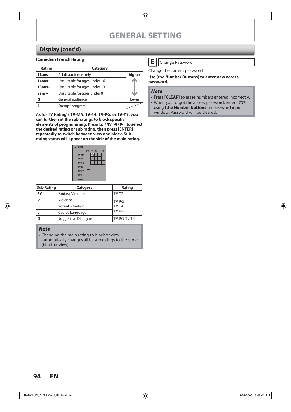 General setting, 94 en 94 en, Display (cont’d) | Toshiba DVR620KU User Manual | Page 94 / 113