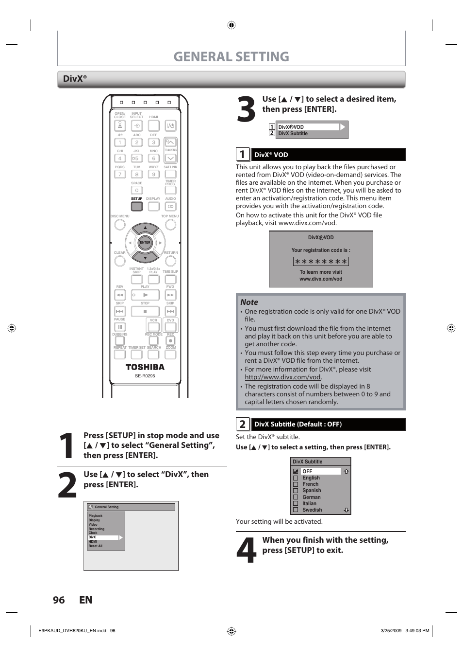 General setting, 96 en 96 en, Divx | Use [ k / l ] to select “divx”, then press [enter | Toshiba DVR620KU User Manual | Page 96 / 113