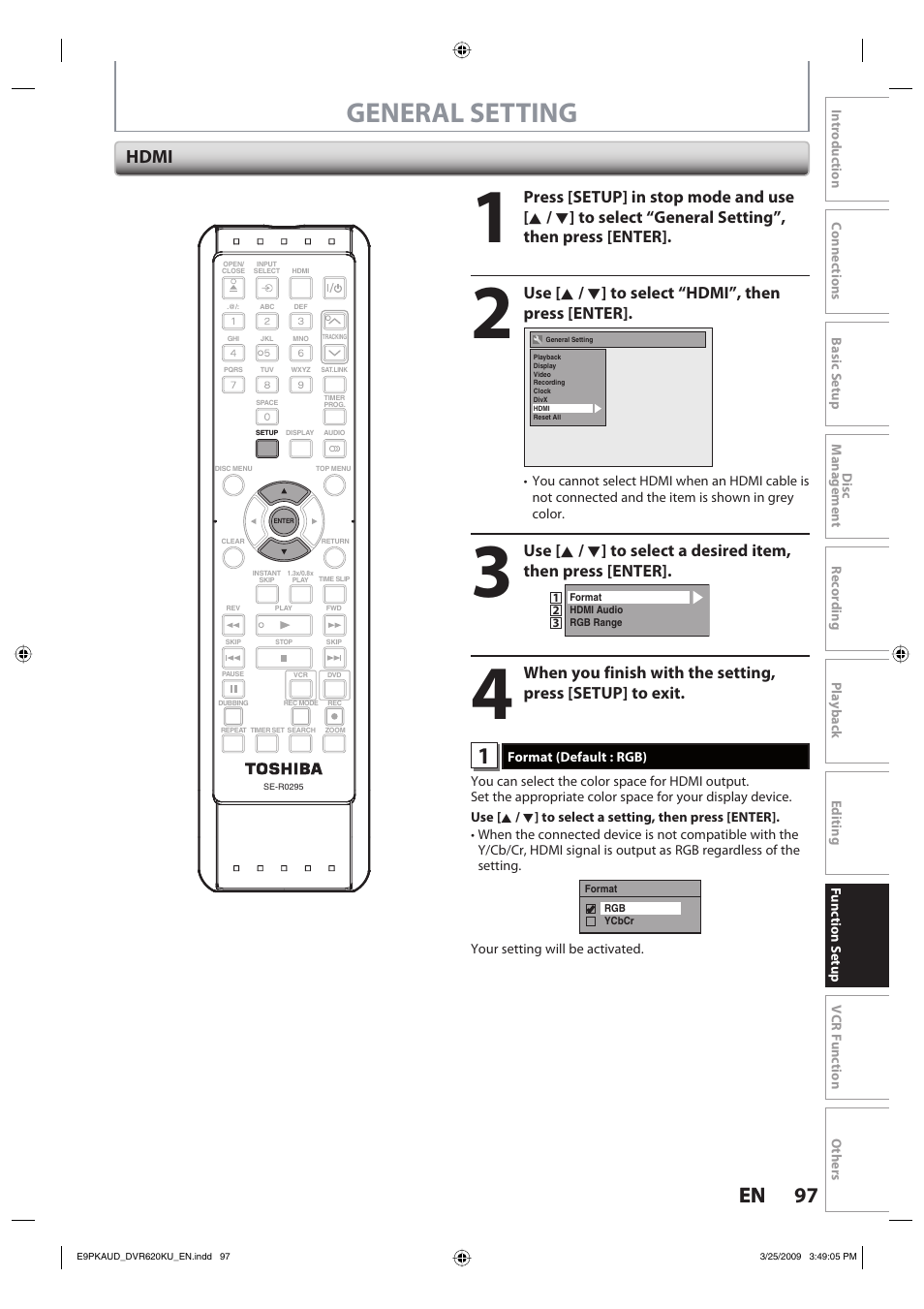 General setting, 97 en 97 en, Hdmi | Use [ k / l ] to select “hdmi”, then press [enter | Toshiba DVR620KU User Manual | Page 97 / 113