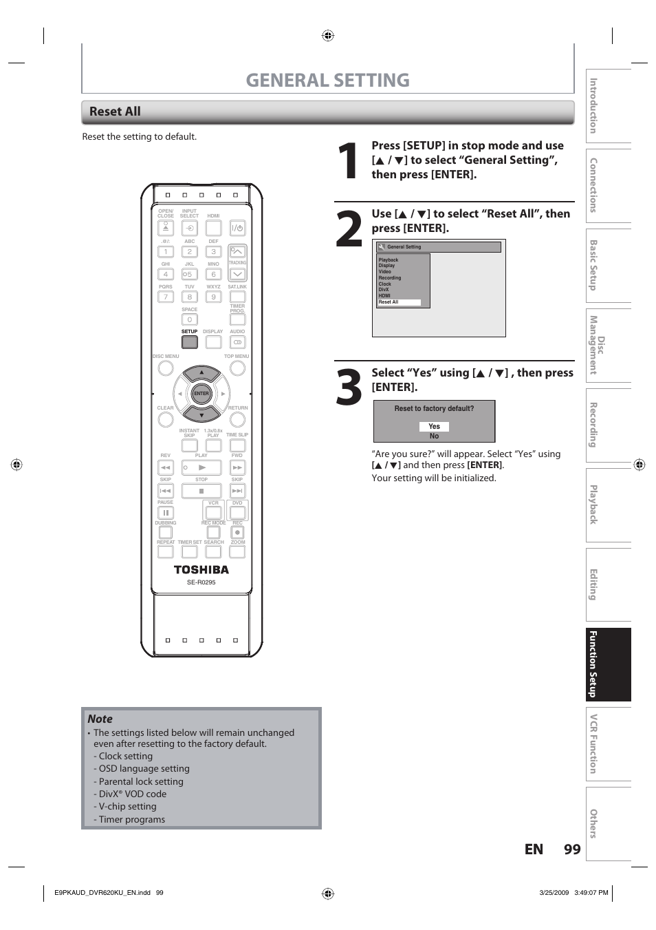 General setting, 99 en 99 en, Reset all | Select “yes” using [ k / l ] , then press [enter | Toshiba DVR620KU User Manual | Page 99 / 113