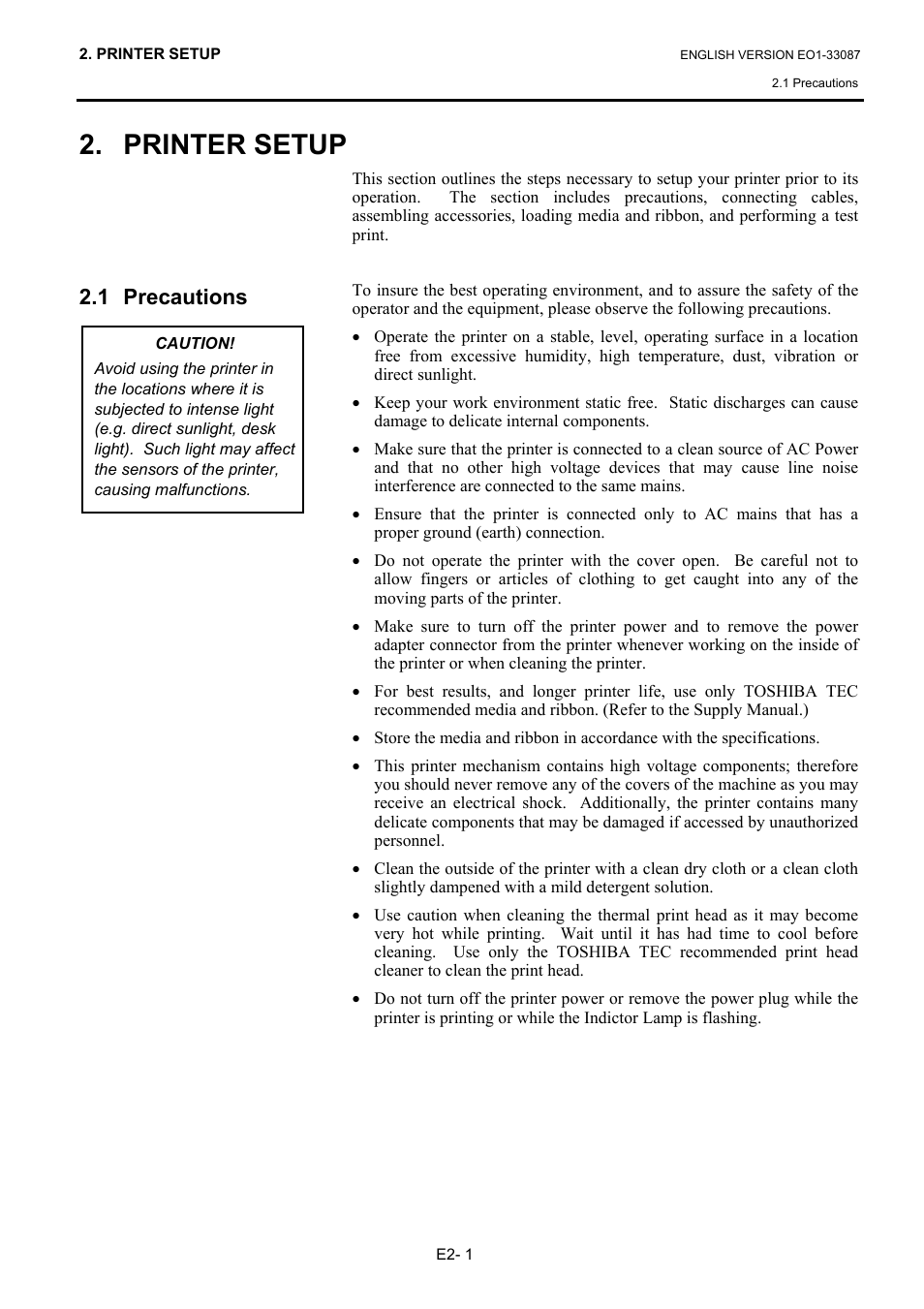 Printer setup, 1 precautions | Toshiba B-EV4T SERIES User Manual | Page 12 / 48