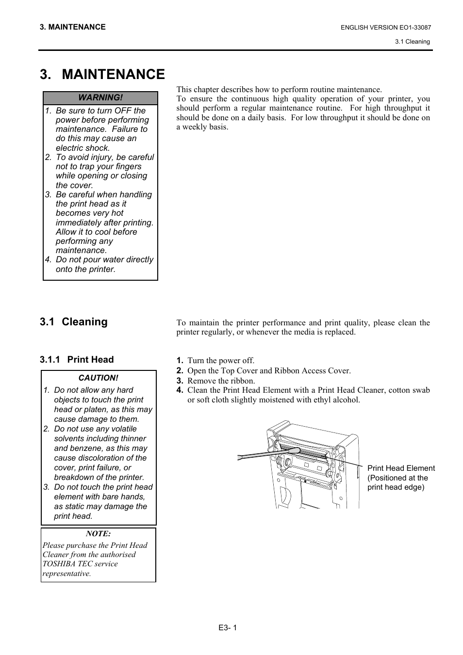 Maintenance, 1 cleaning, 1 print head | Toshiba B-EV4T SERIES User Manual | Page 32 / 48