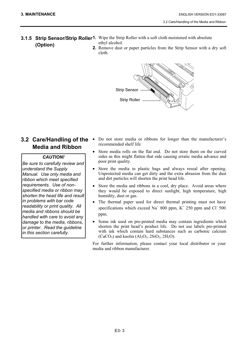 5 strip sensor/strip roller (option), 2 care/handling of the media and ribbon | Toshiba B-EV4T SERIES User Manual | Page 34 / 48