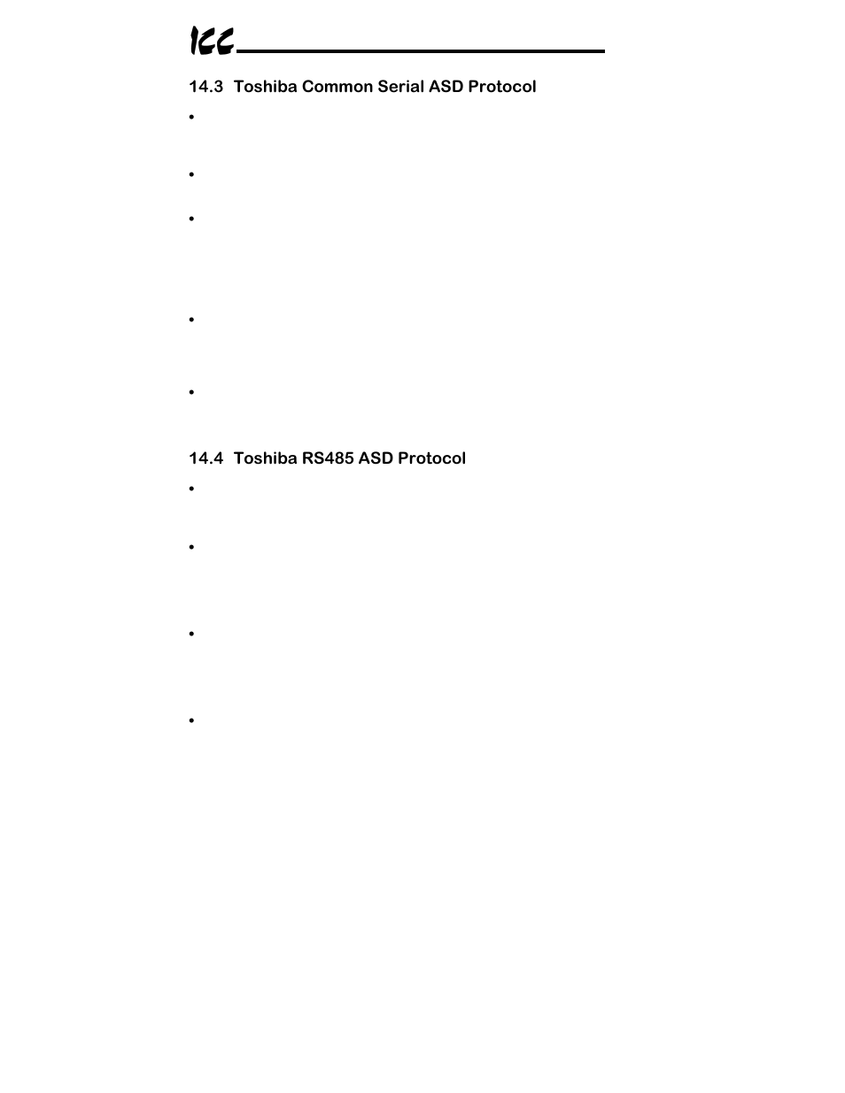 3 toshiba common serial asd protocol, 4 toshiba rs485 asd protocol | Toshiba ICC MBP-100 User Manual | Page 55 / 76