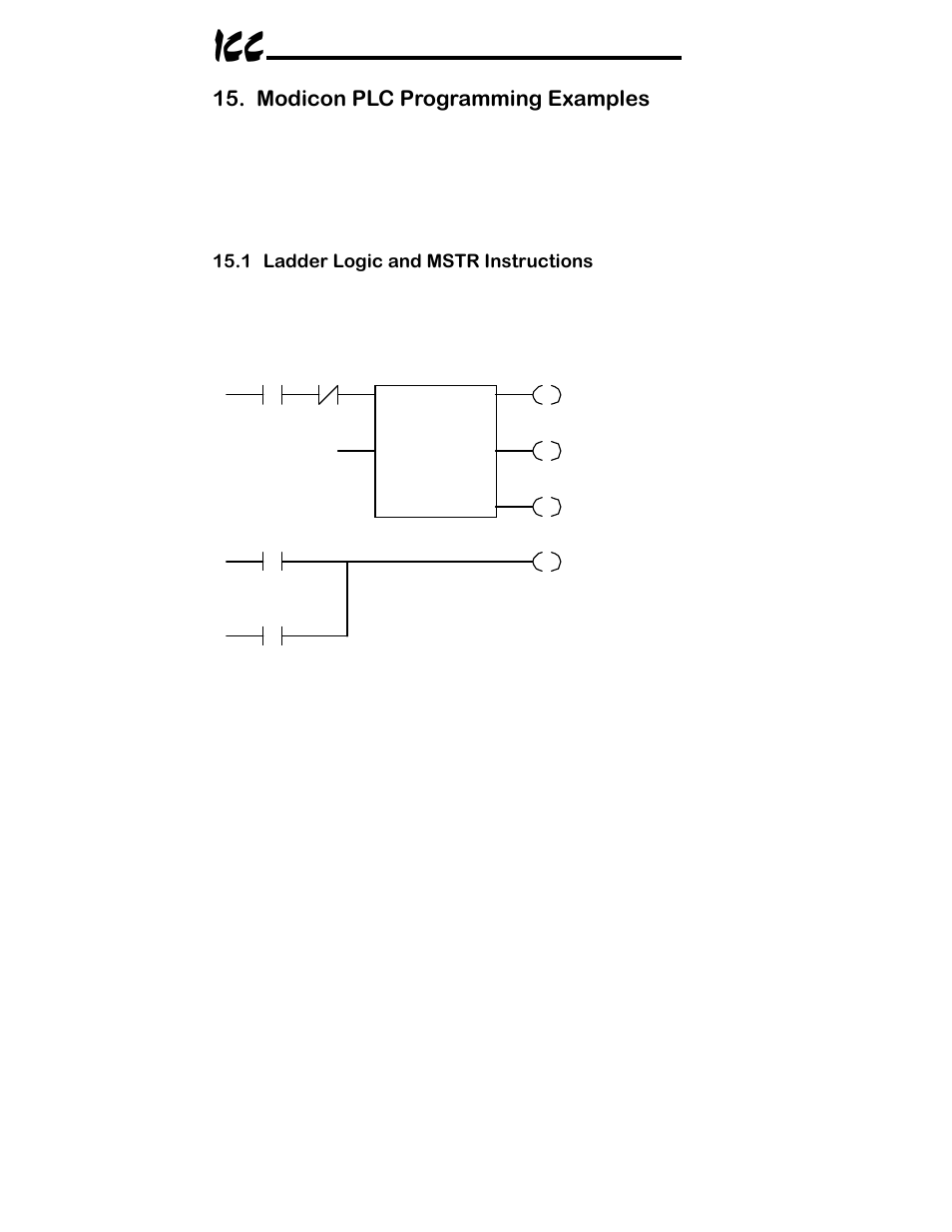 Modicon plc programming examples, 1 ladder logic and mstr instructions | Toshiba ICC MBP-100 User Manual | Page 65 / 76