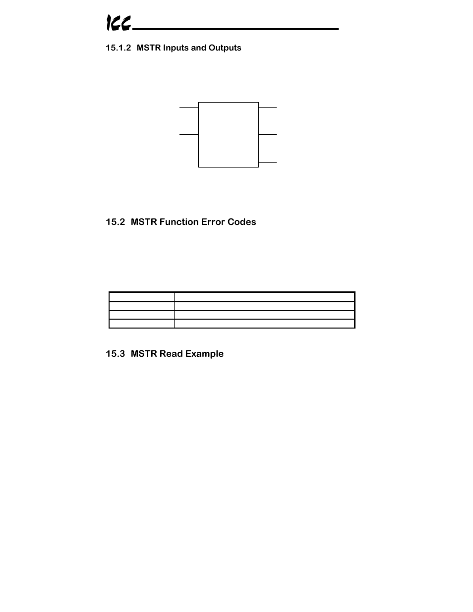 2 mstr function error codes, 3 mstr read example, 2 mstr inputs and outputs | Toshiba ICC MBP-100 User Manual | Page 67 / 76