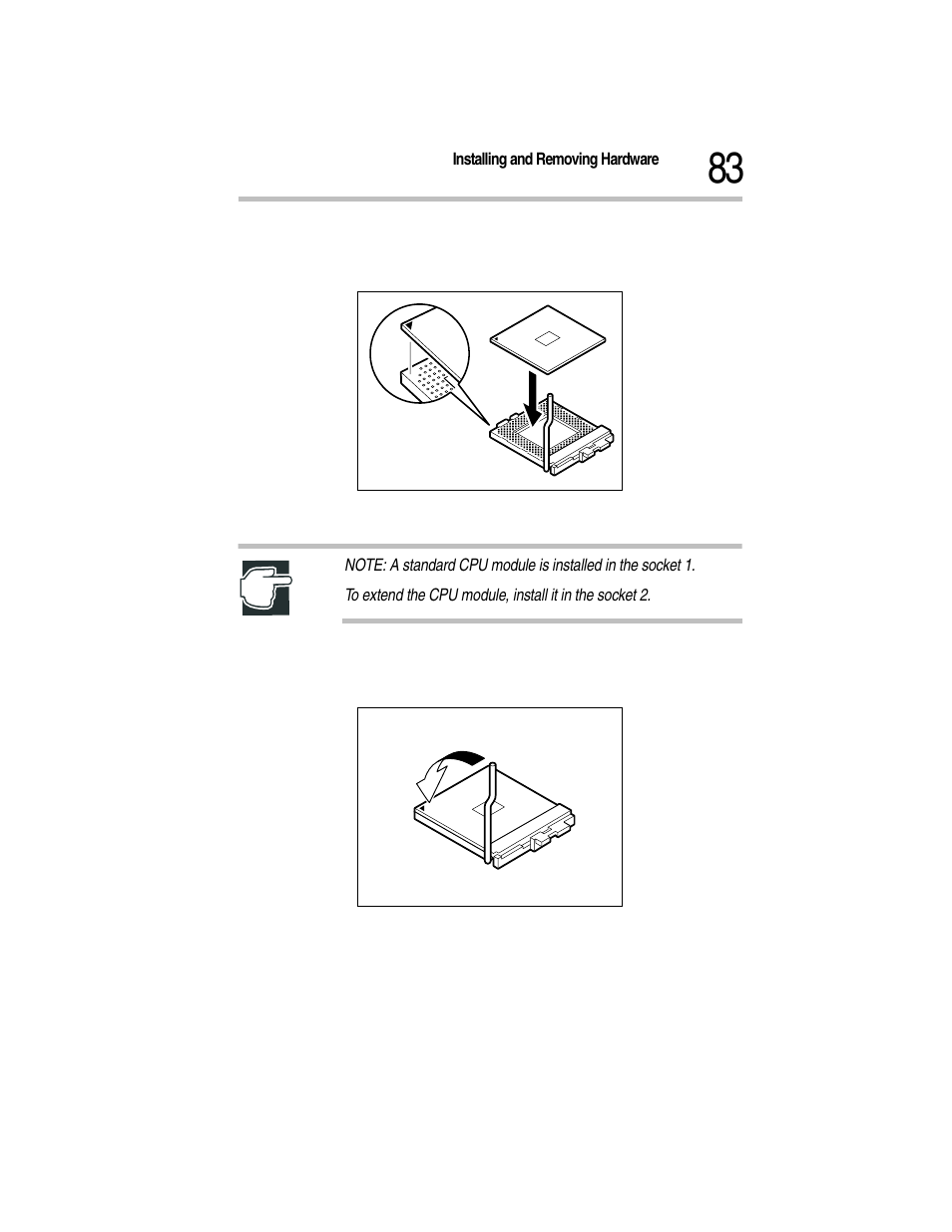 Inserting the cpu module, Pushing down the lock lever | Toshiba Magnia Z300 User Manual | Page 105 / 270