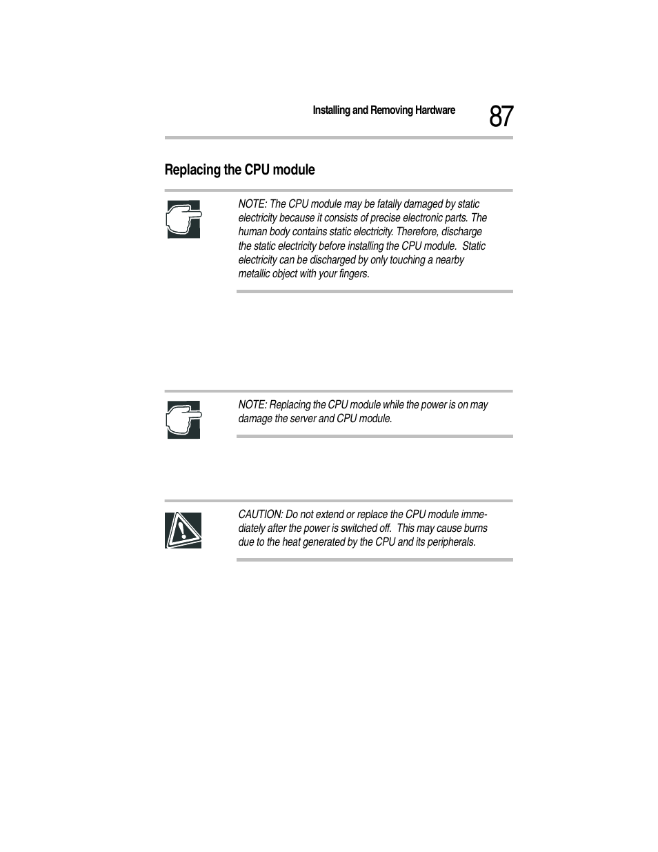 Replacing the cpu module, 2 unplug the power cable, 3 remove the server panels | Toshiba Magnia Z300 User Manual | Page 109 / 270