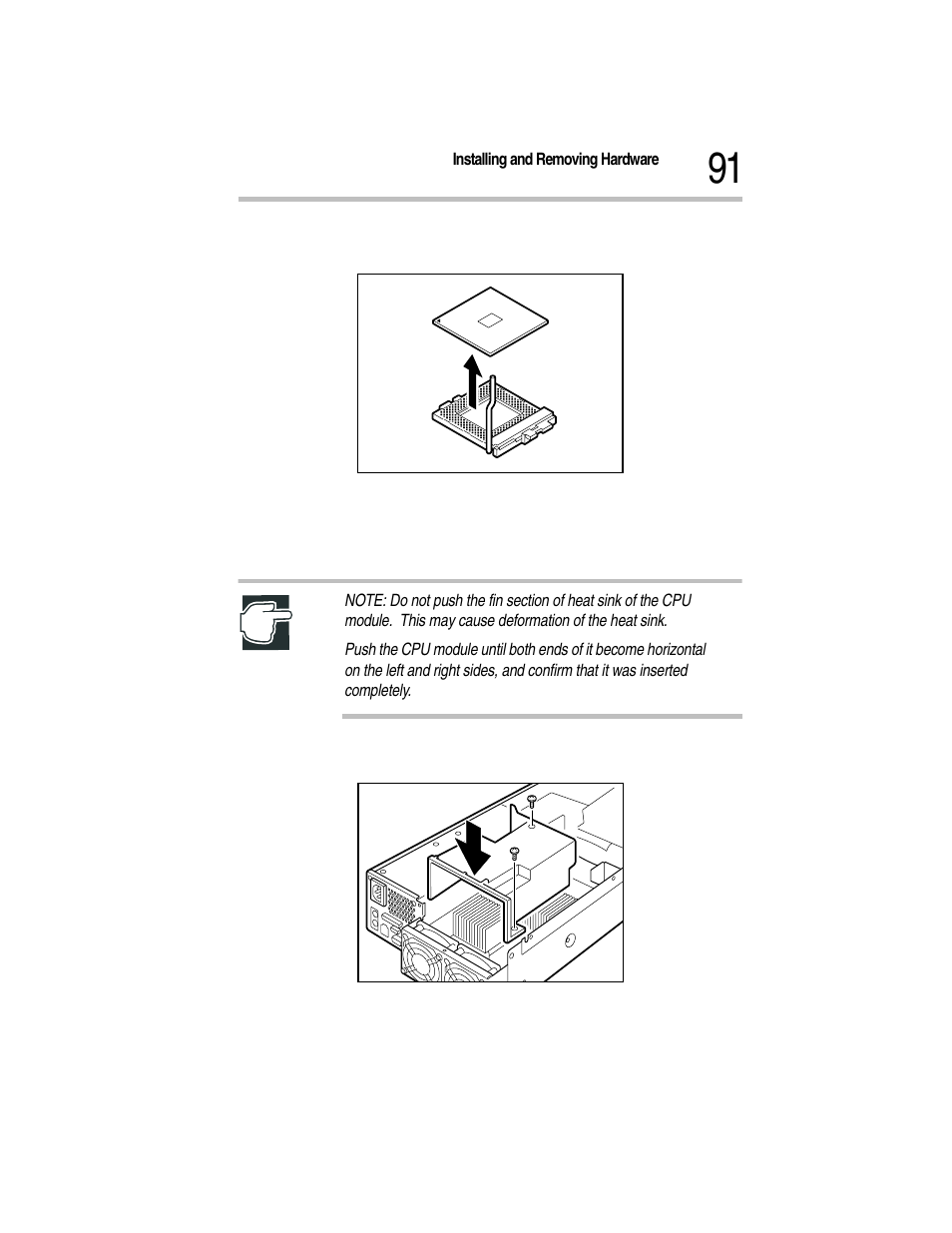 9 remove the cpu module, Removing the cpu module, 11 install the fan duct and fix it with two screws | Installing the fan duct | Toshiba Magnia Z300 User Manual | Page 113 / 270