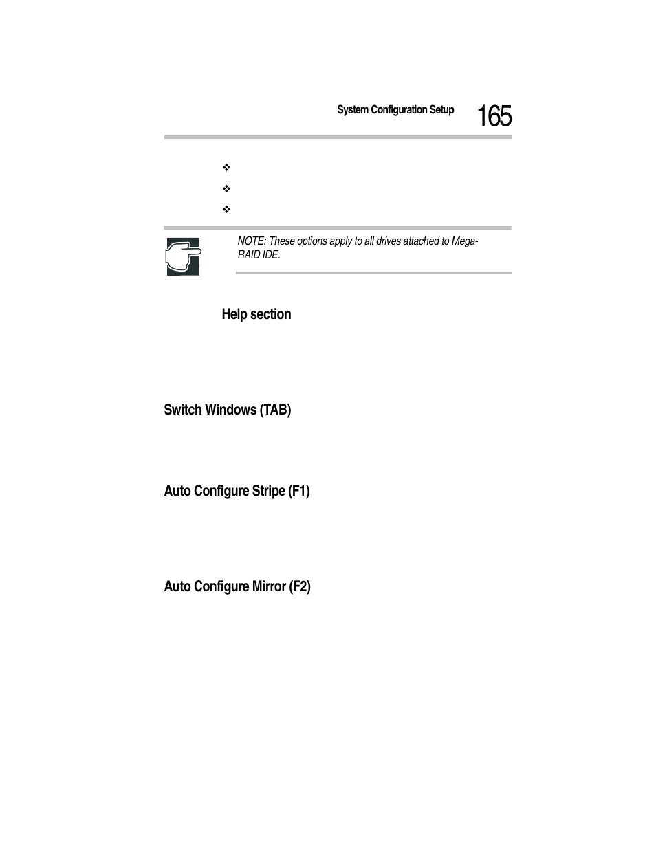 Help section, Switch windows (tab), Auto configure stripe (f1) | Auto configure mirror (f2) | Toshiba Magnia Z300 User Manual | Page 187 / 270