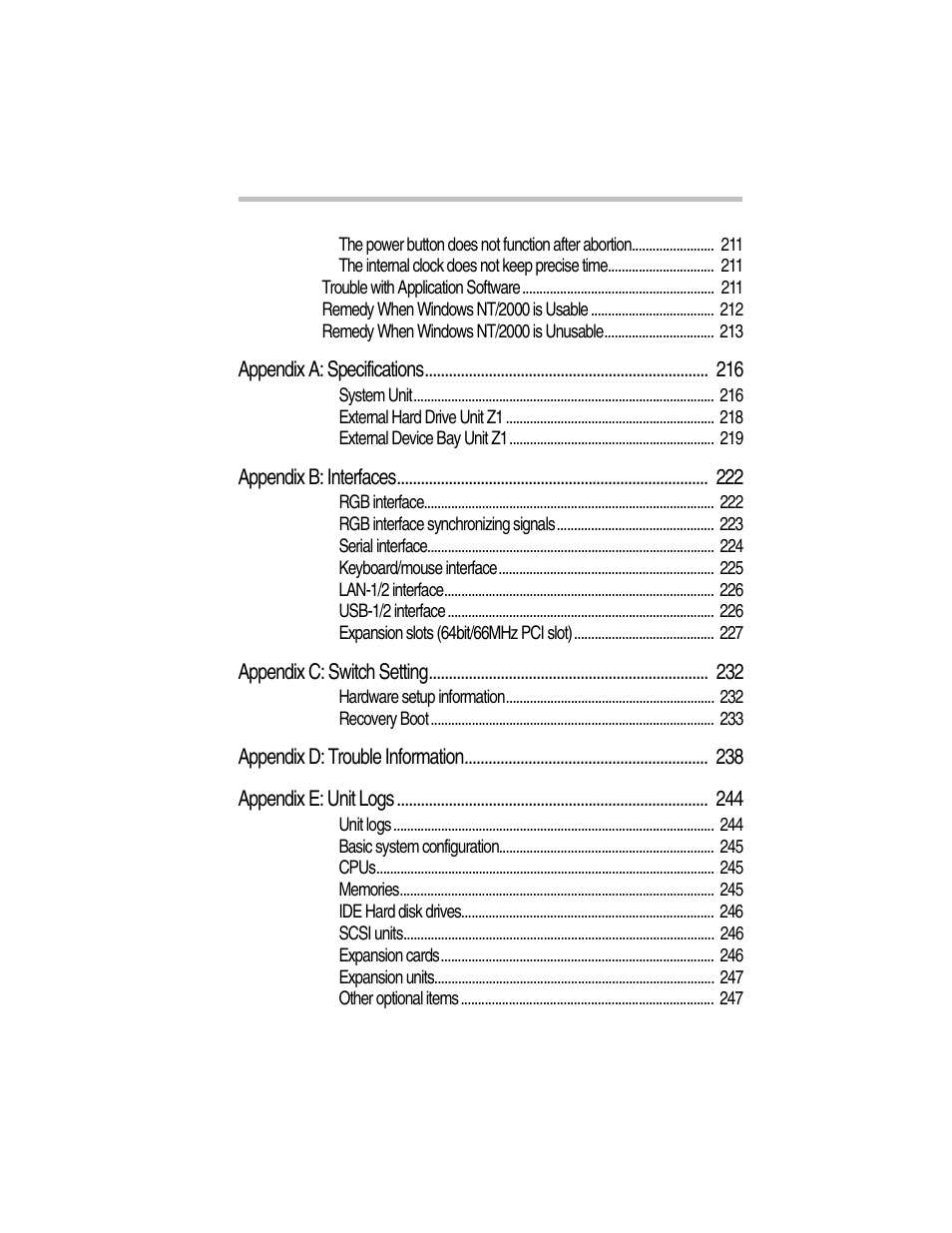 Appendix a: specifications 216, Appendix b: interfaces 222, Appendix c: switch setting 232 | Appendix d: trouble information 238, Appendix e: unit logs 244 | Toshiba Magnia Z300 User Manual | Page 21 / 270