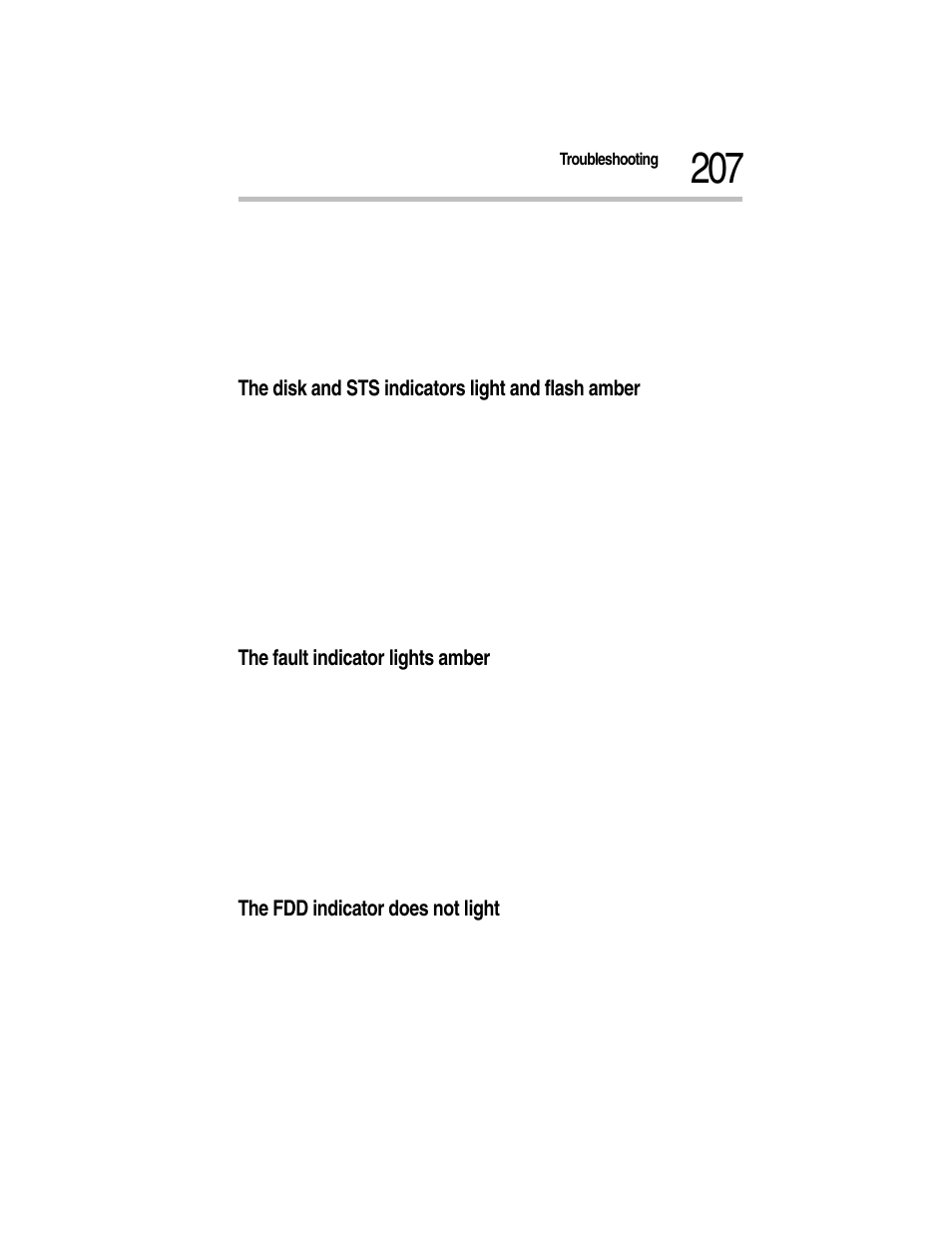 The disk and sts indicators light and flash amber, The fault indicator lights amber, The fdd indicator does not light | Toshiba Magnia Z300 User Manual | Page 229 / 270