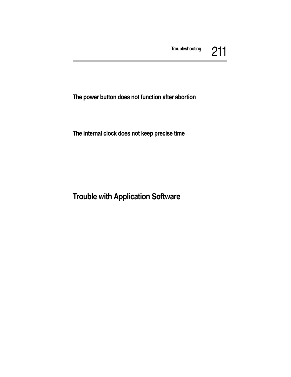 The power button does not function after abortion, The internal clock does not keep precise time, Trouble with application software | 2 is the software a certified copy or the master | Toshiba Magnia Z300 User Manual | Page 233 / 270