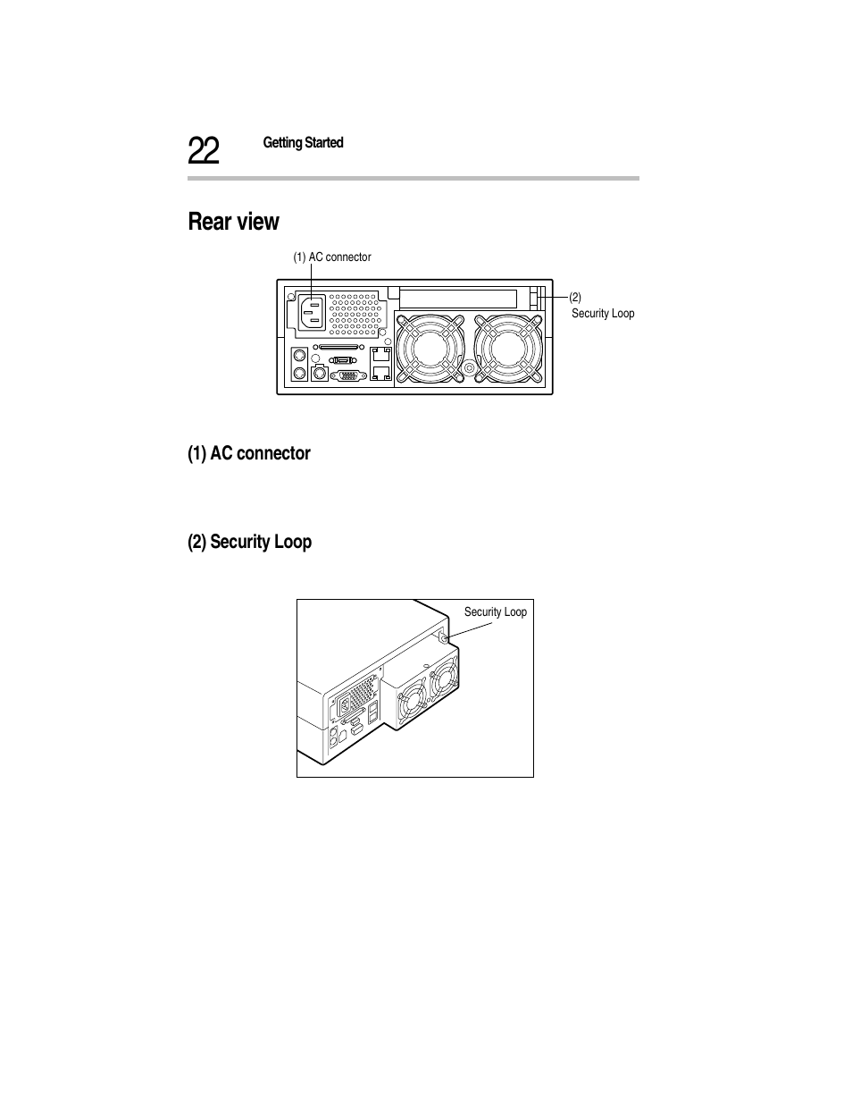 Rear view, Rear view of the server, 2) security loop | 1) ac connector (2) security loop | Toshiba Magnia Z300 User Manual | Page 44 / 270