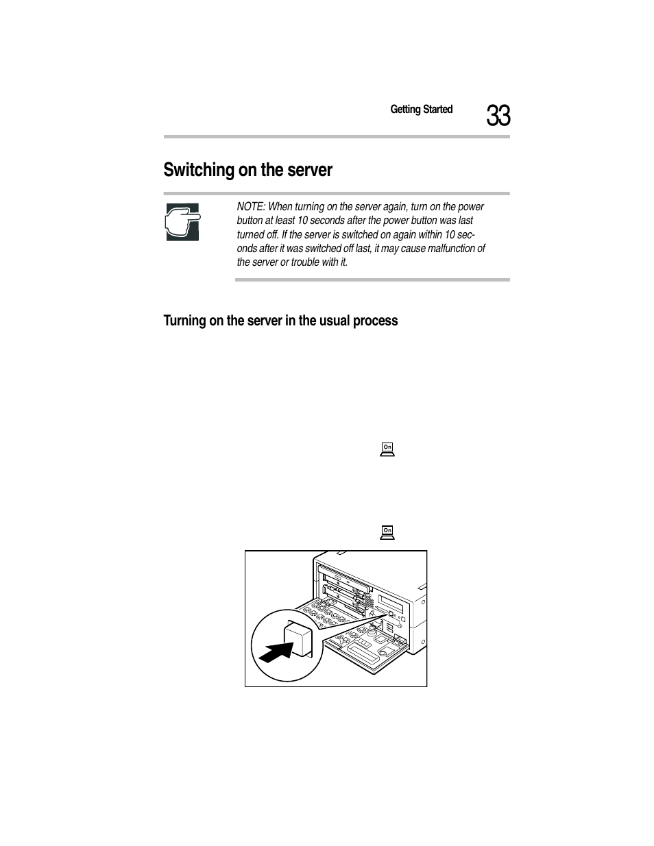 Switching on the server, Turning on the server in the usual process, 3 turn on the display | 4 open the front panel, 5 press the power/sleep button, Pressing the power/sleep button | Toshiba Magnia Z300 User Manual | Page 55 / 270