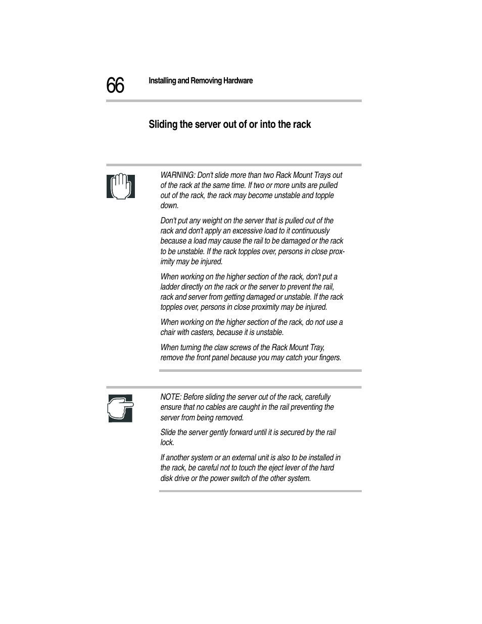 Sliding the server out of or into the rack | Toshiba Magnia Z300 User Manual | Page 88 / 270