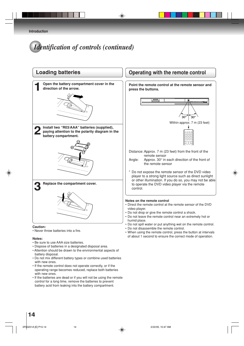 Identification of controls (continued), Operating with the remote control, Loading batteries | Toshiba SD-5980SU User Manual | Page 14 / 48