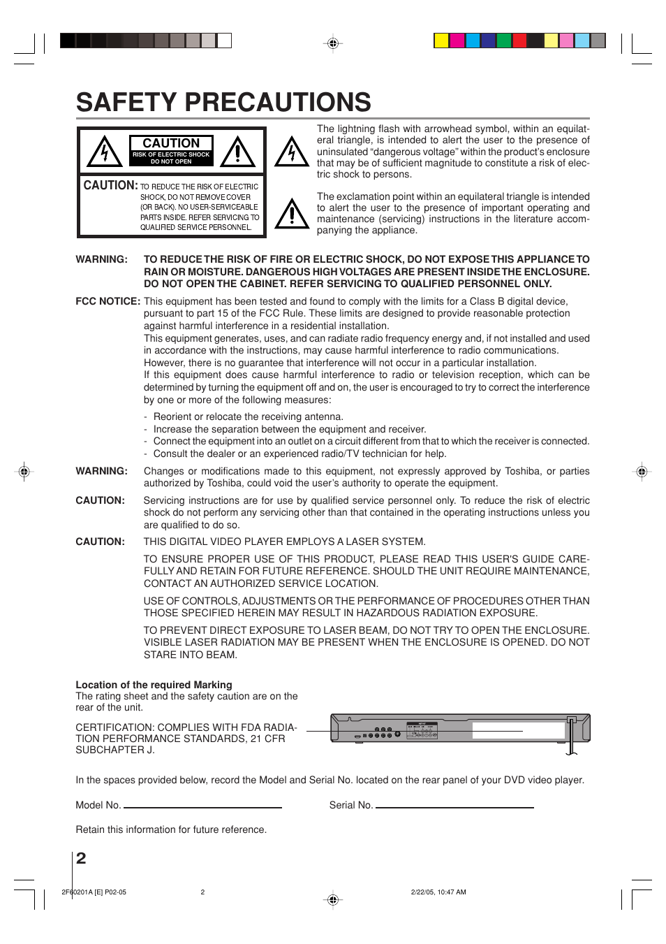 Safety precautions | Toshiba SD-5980SU User Manual | Page 2 / 48