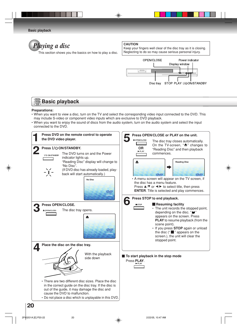 Playing a disc, Basic playback | Toshiba SD-5980SU User Manual | Page 20 / 48