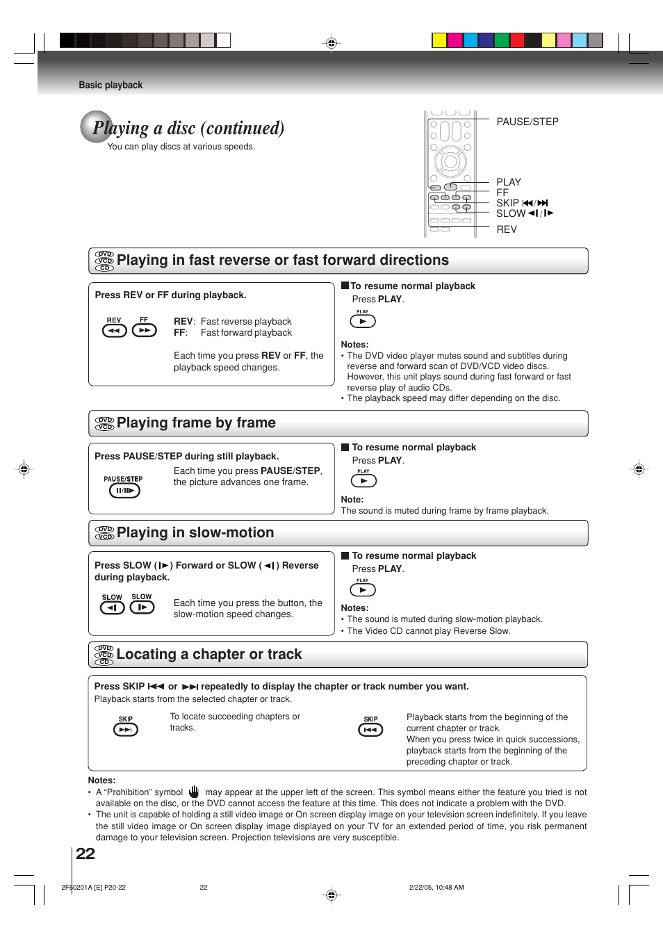 Playing a disc (continued), Playing frame by frame, Playing in fast reverse or fast forward directions | Locating a chapter or track playing in slow-motion | Toshiba SD-5980SU User Manual | Page 22 / 48