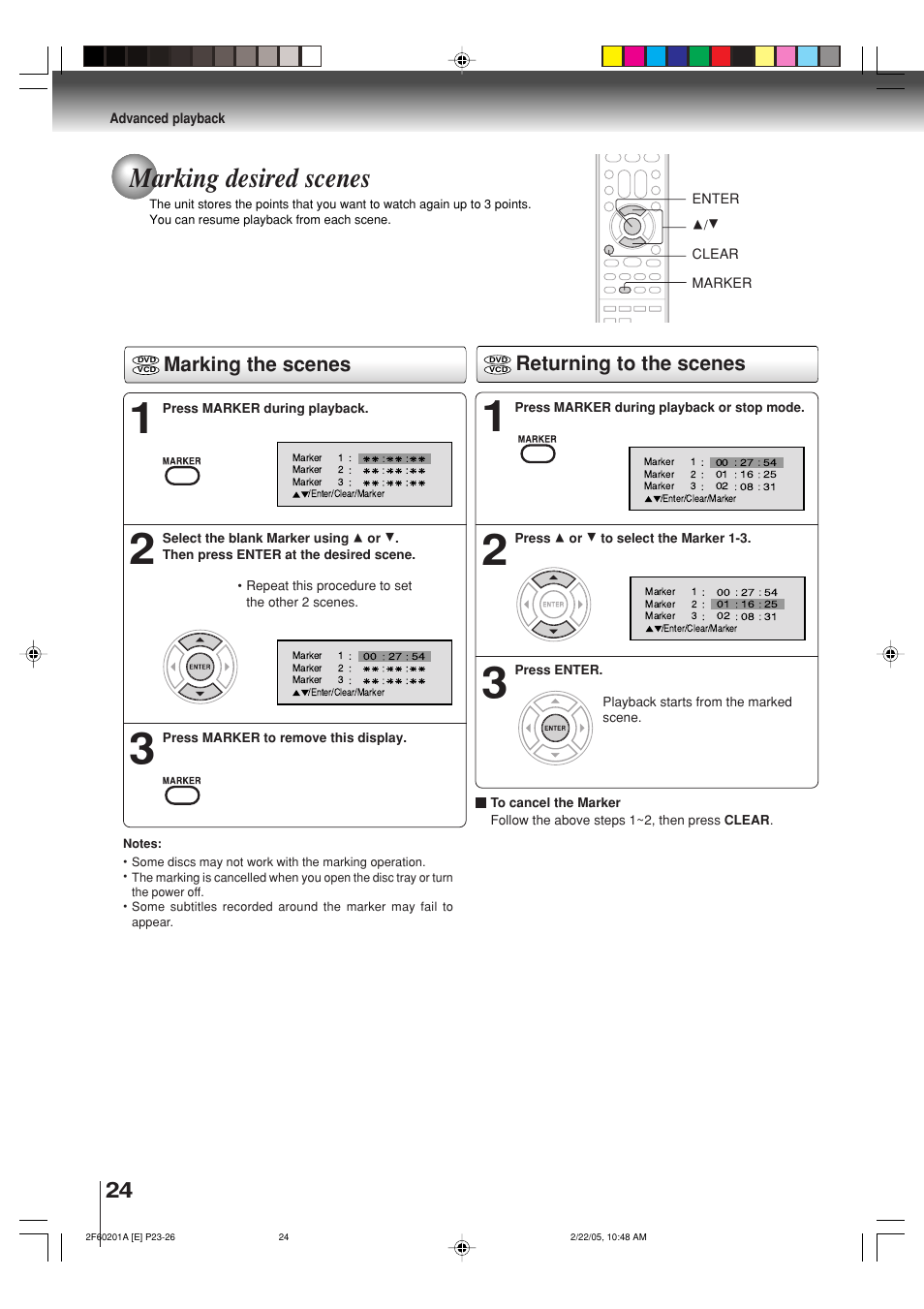 Marking desired scenes, Marking the scenes returning to the scenes | Toshiba SD-5980SU User Manual | Page 24 / 48