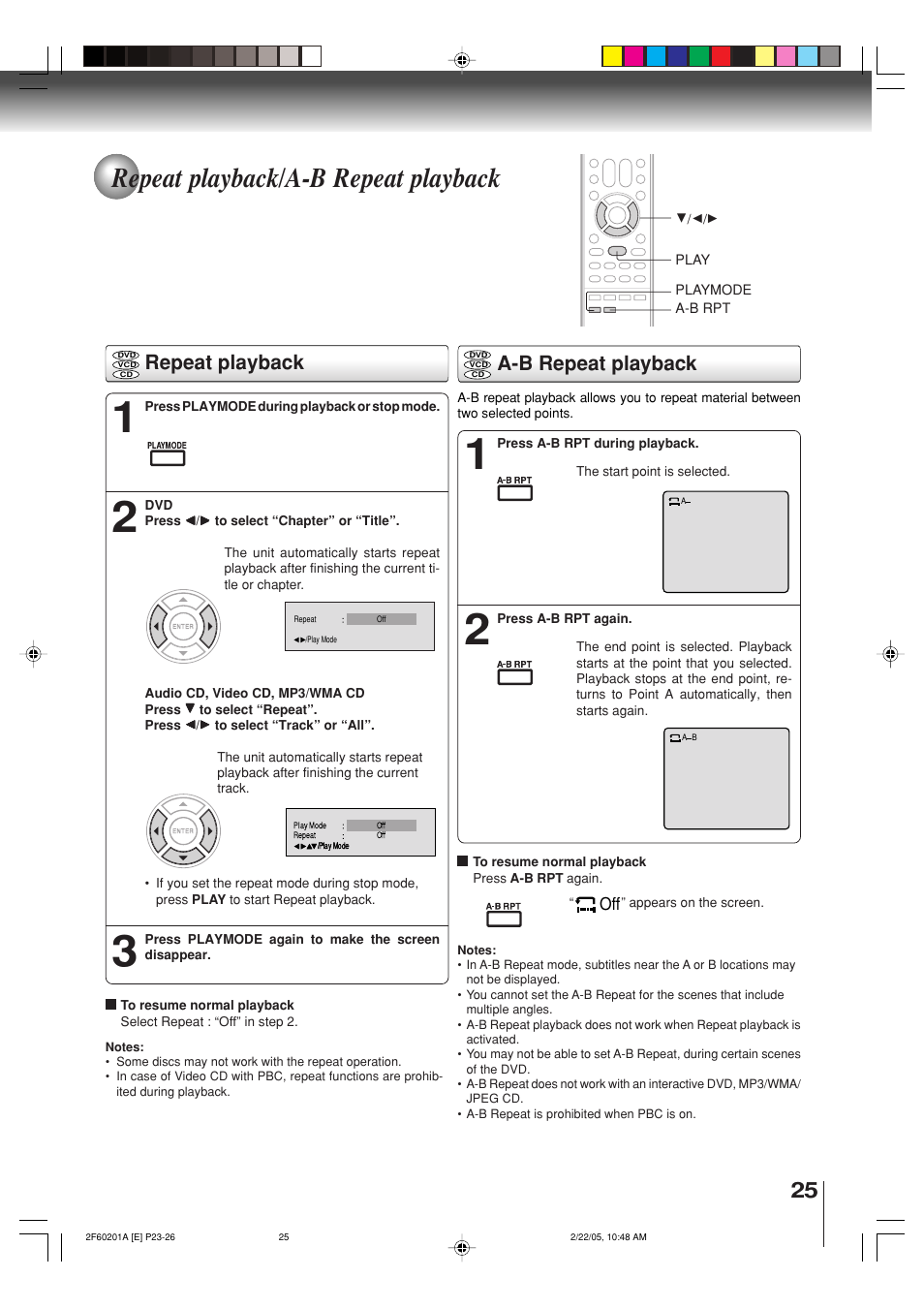 Repeat playback/a-b repeat playback, Repeat playback, A-b repeat playback | Toshiba SD-5980SU User Manual | Page 25 / 48