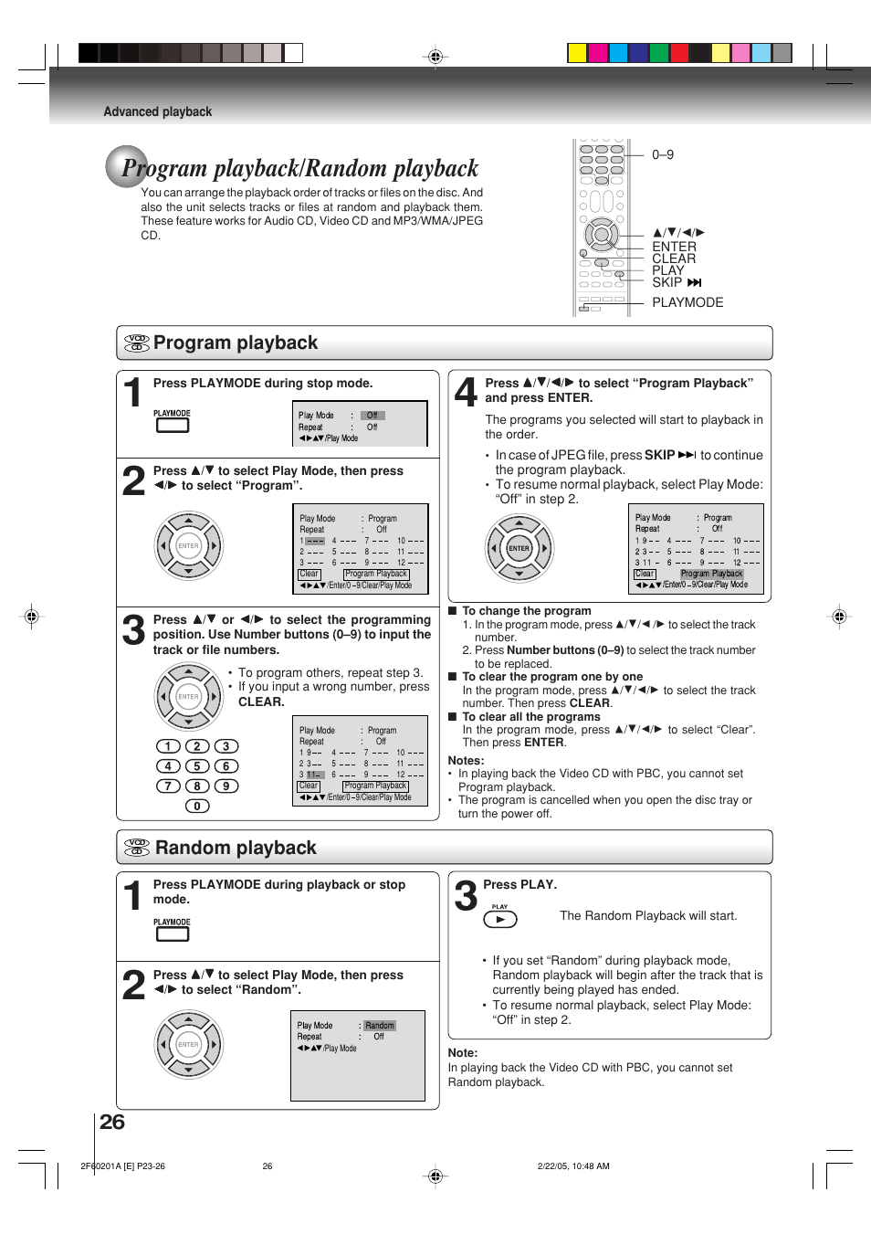 Program playback/random playback, Program playback, Random playback | Toshiba SD-5980SU User Manual | Page 26 / 48