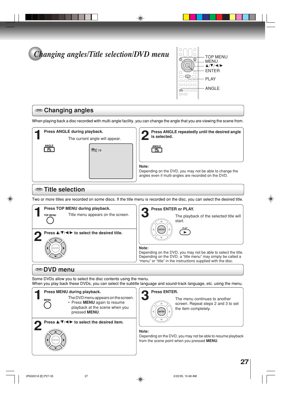 Changing angles/title selection/dvd menu, Changing angles, Title selection | Dvd menu | Toshiba SD-5980SU User Manual | Page 27 / 48