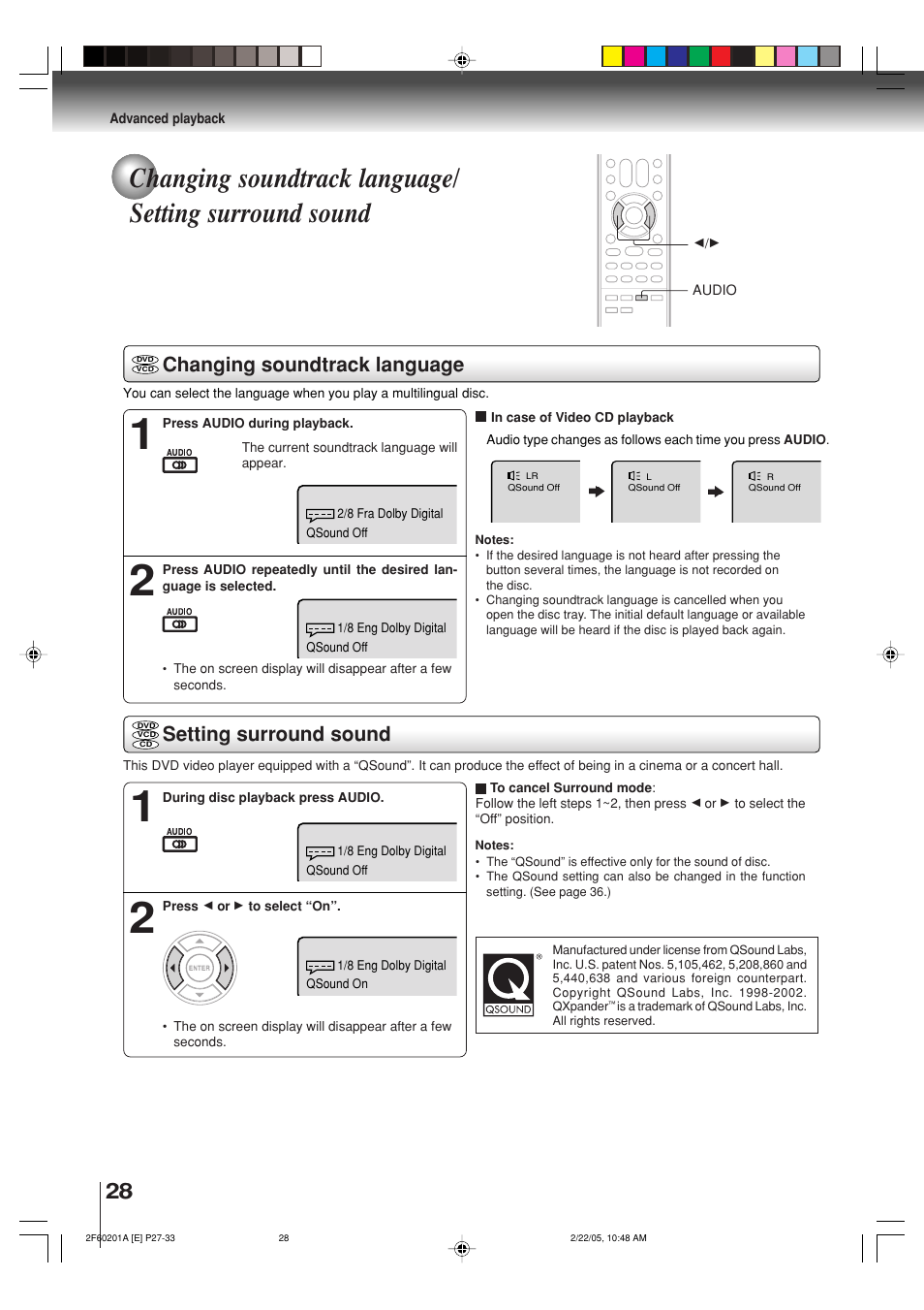 Changing soundtrack language, Setting surround sound | Toshiba SD-5980SU User Manual | Page 28 / 48