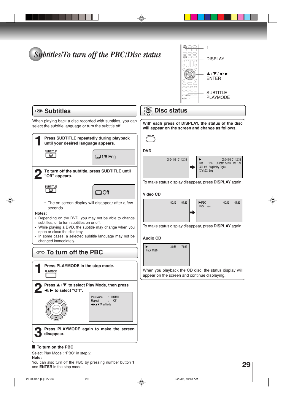 Subtitles/to turn off the pbc/disc status, Subtitles, Disc status | Toshiba SD-5980SU User Manual | Page 29 / 48
