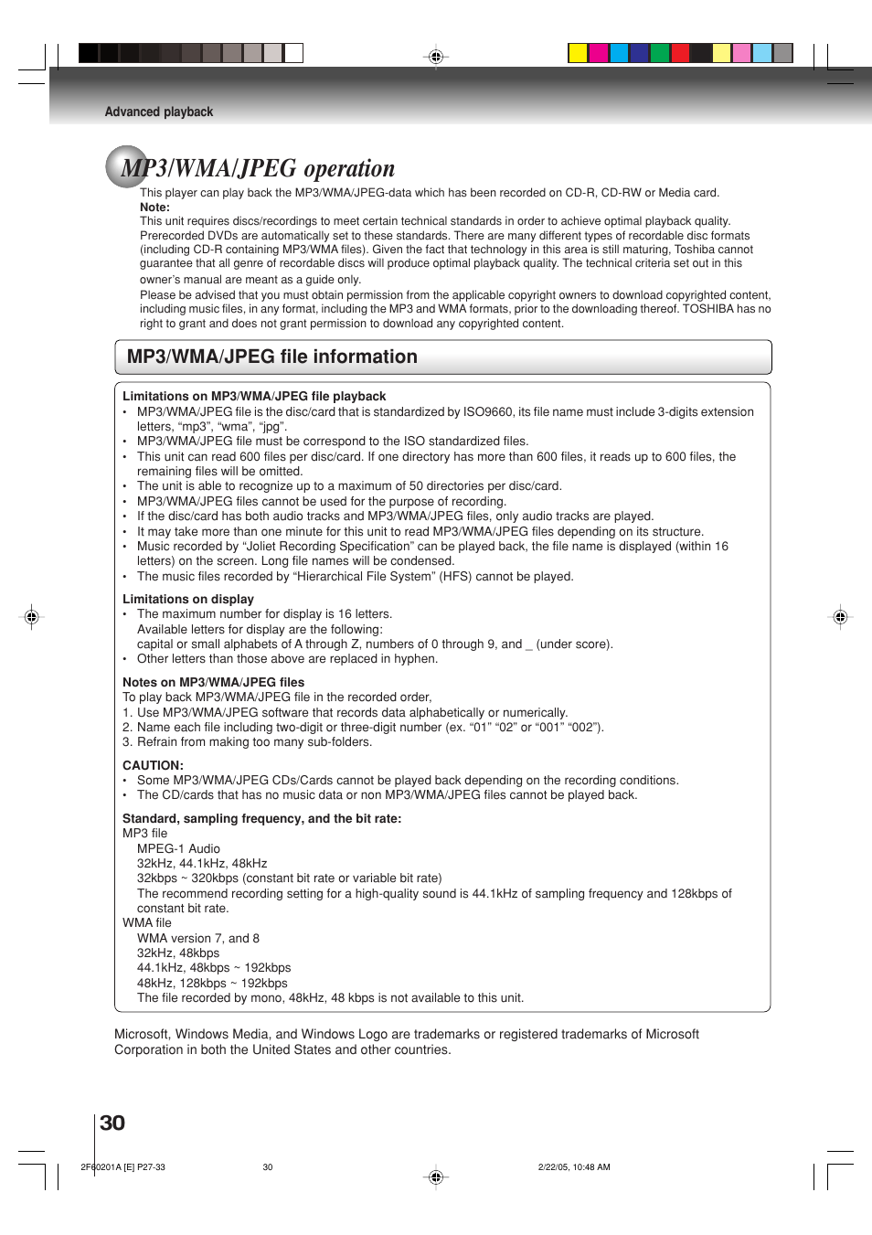 Mp3/wma/jpeg operation, Mp3/wma/jpeg file information | Toshiba SD-5980SU User Manual | Page 30 / 48