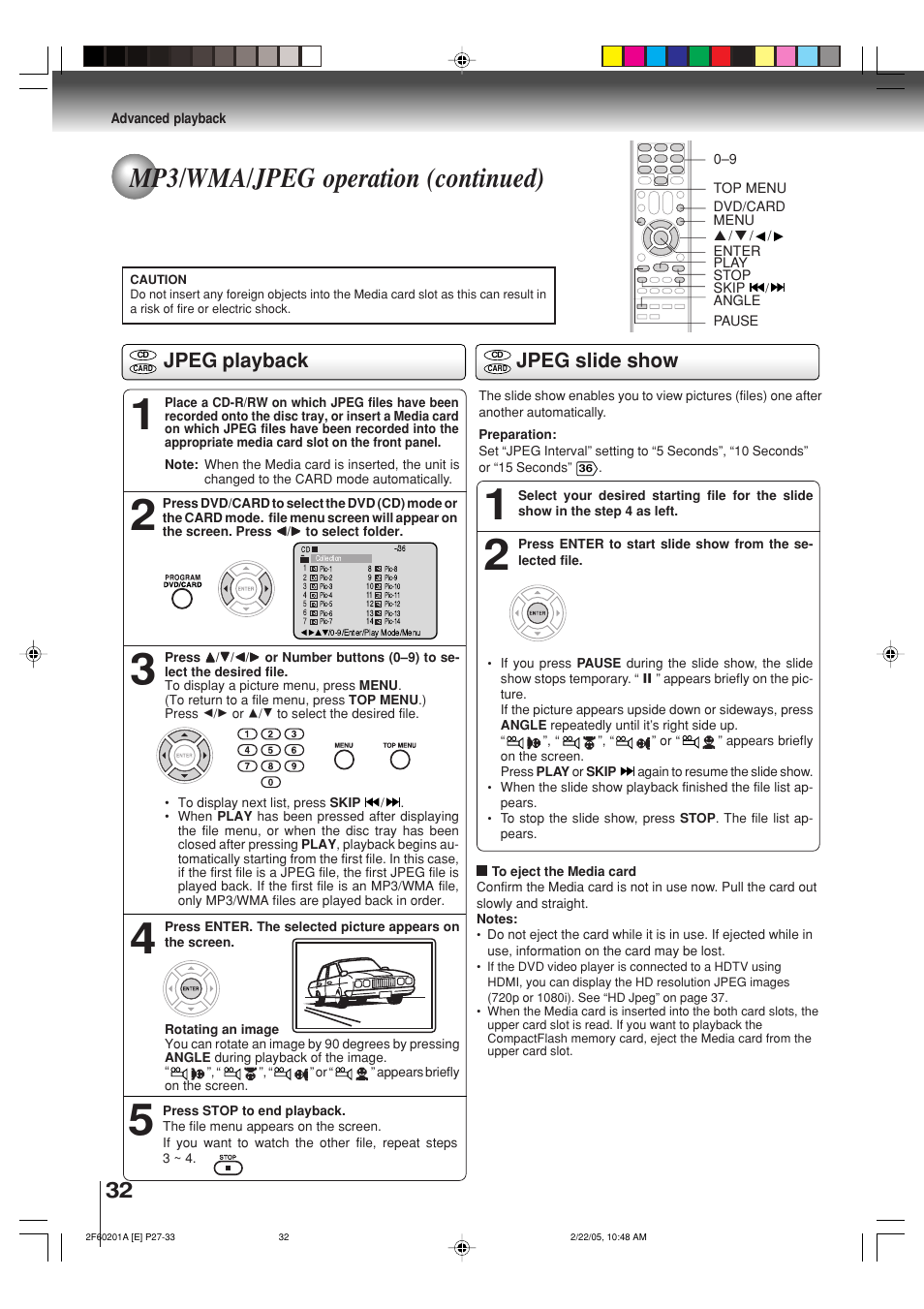 Mp3/wma/jpeg operation (continued), Jpeg slide show jpeg playback | Toshiba SD-5980SU User Manual | Page 32 / 48