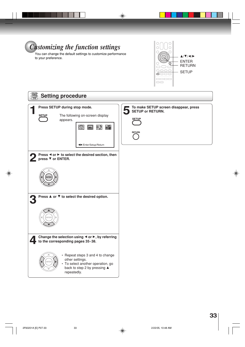 Customizing the function settings | Toshiba SD-5980SU User Manual | Page 33 / 48