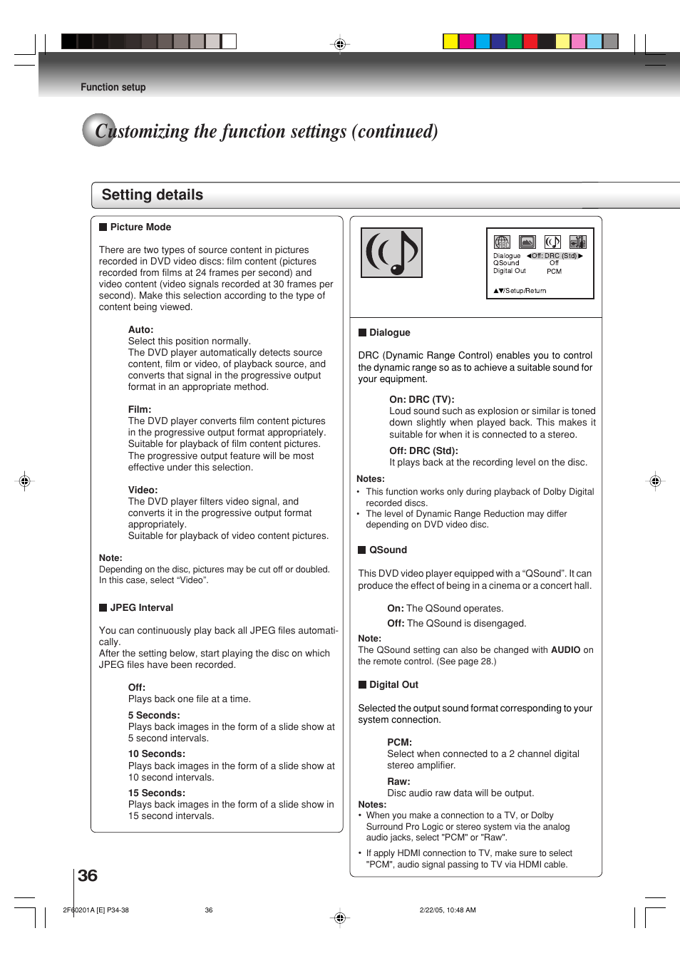 Customizing the function settings (continued), Setting details | Toshiba SD-5980SU User Manual | Page 36 / 48