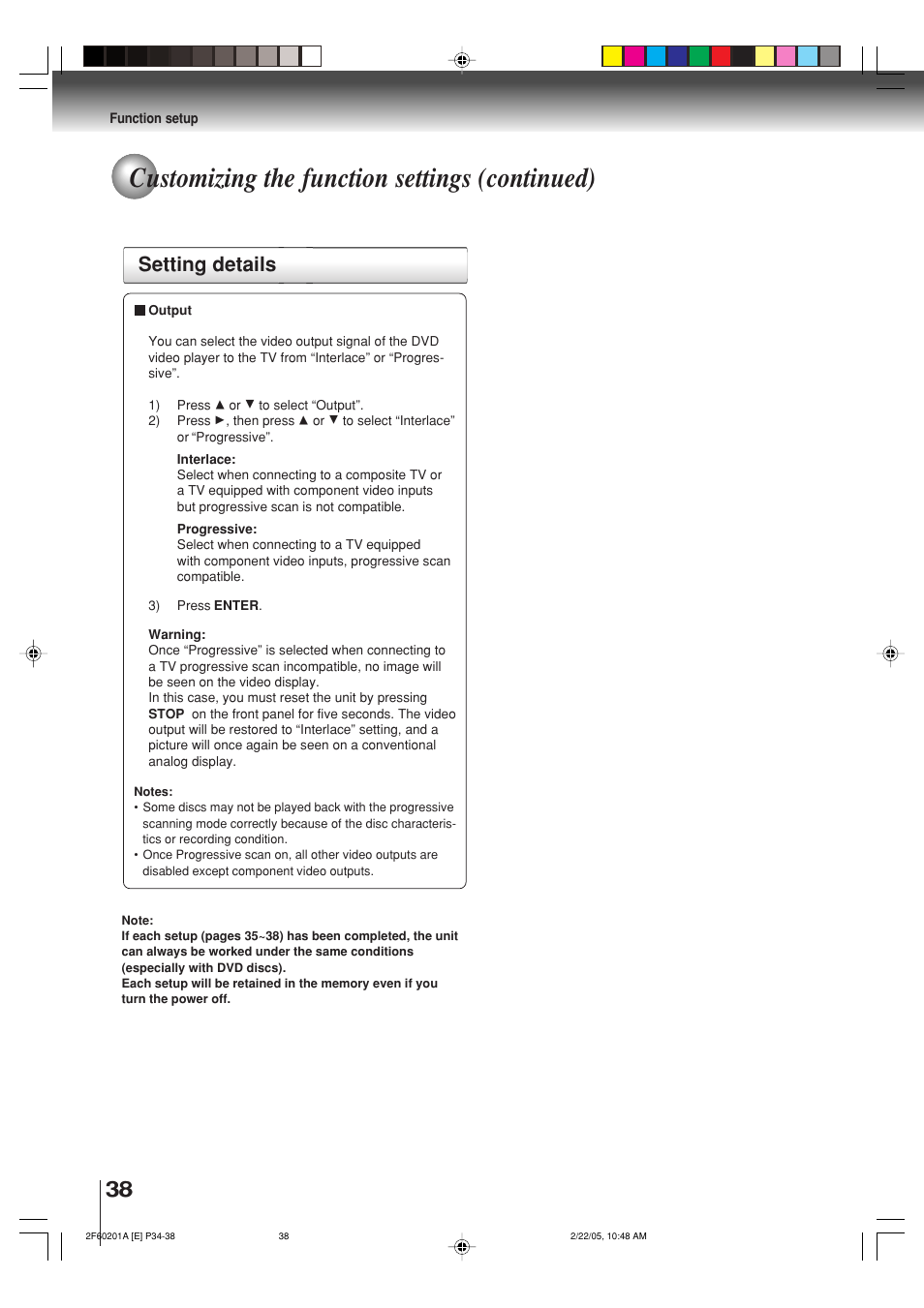 Customizing the function settings (continued), Setting details | Toshiba SD-5980SU User Manual | Page 38 / 48